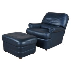 Bradington Young Blue Leather Reclining Club Lounge Library Chair Ottoman