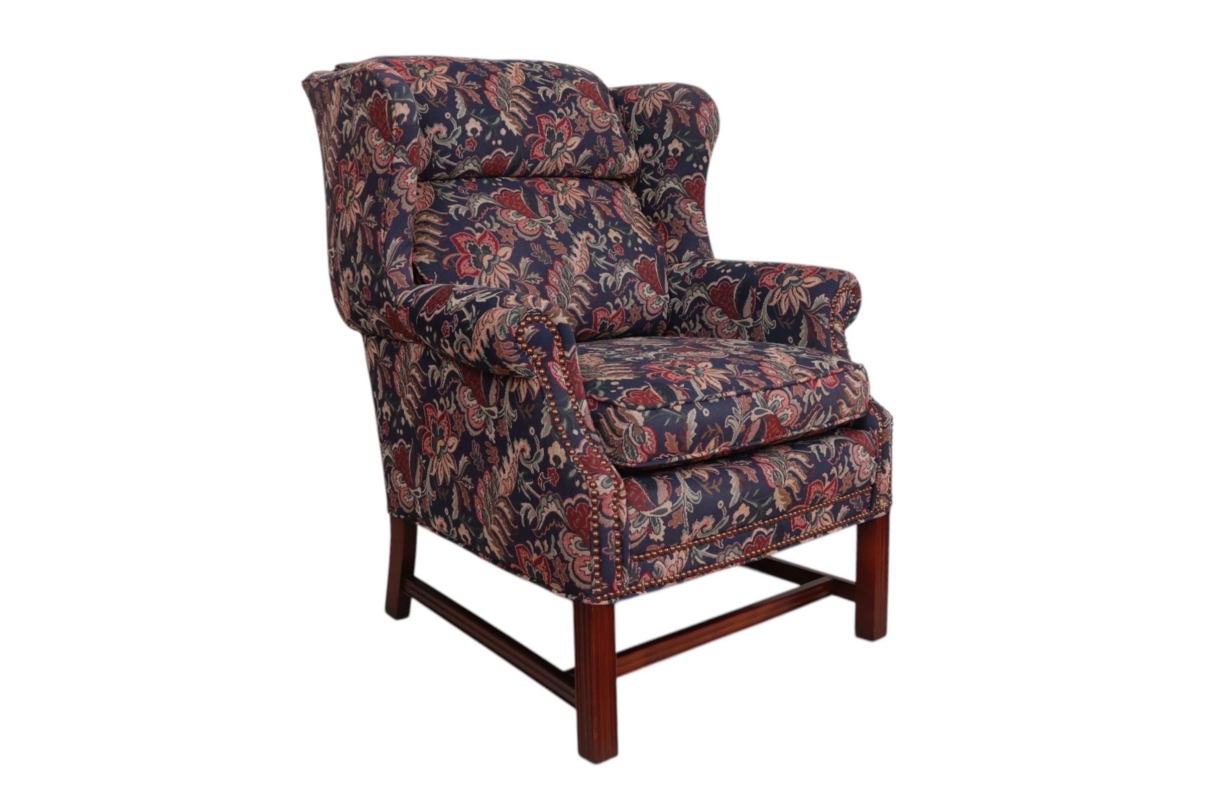 American Bradington Young Georgian Style Wingback Chair and Ottoman For Sale