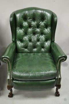 Bradington Young Green Leather Chesterfield Reclining Wingback Chairs - a Pair