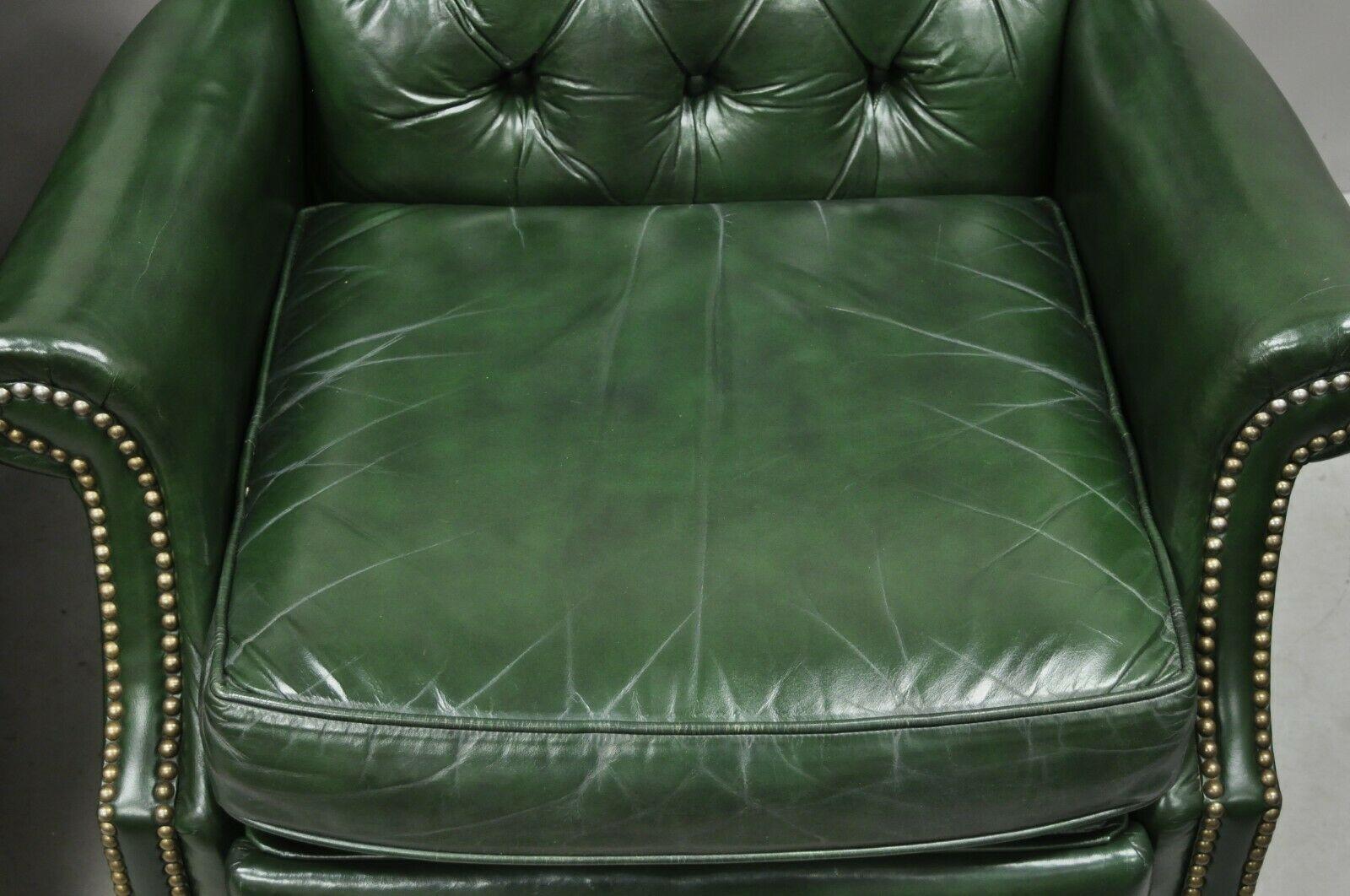 Chippendale Bradington Young Green Leather Chesterfield Reclining Wingback Chairs - a Pair