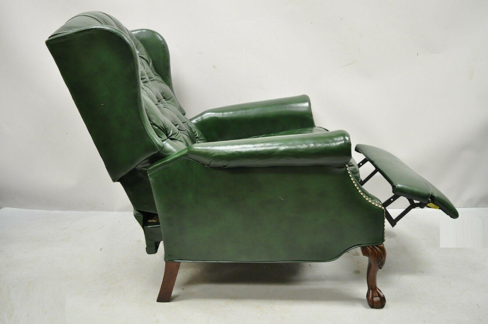 American Bradington Young Green Leather Chesterfield Reclining Wingback Chairs - a Pair
