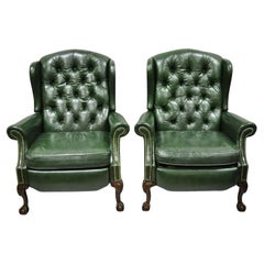 Vintage Bradington Young Green Leather Chesterfield Reclining Wingback Chairs - a Pair