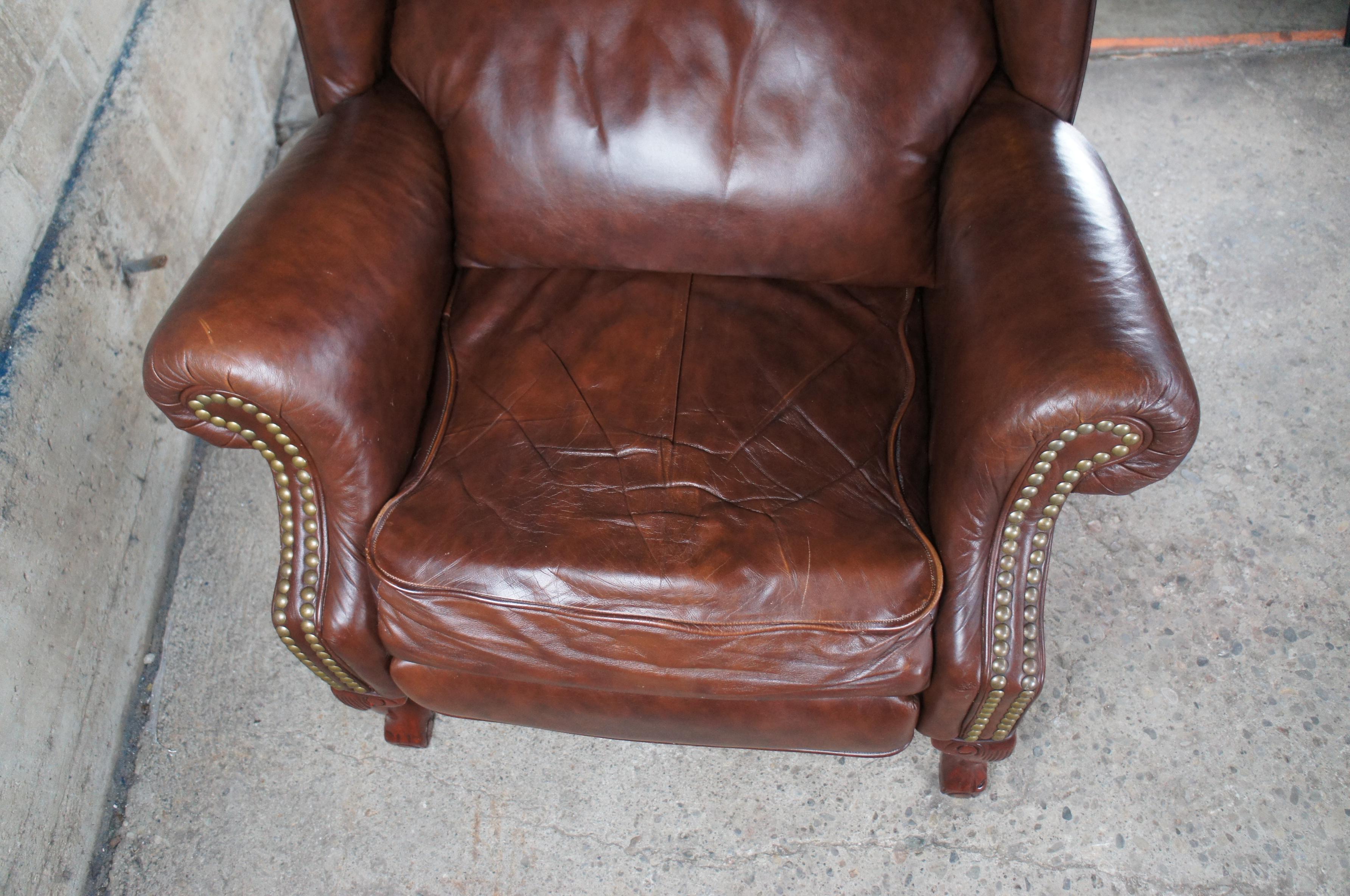 Bradington Young Maxwell Brown Leather Chippendale Wingback Recliner Arm Chair 5