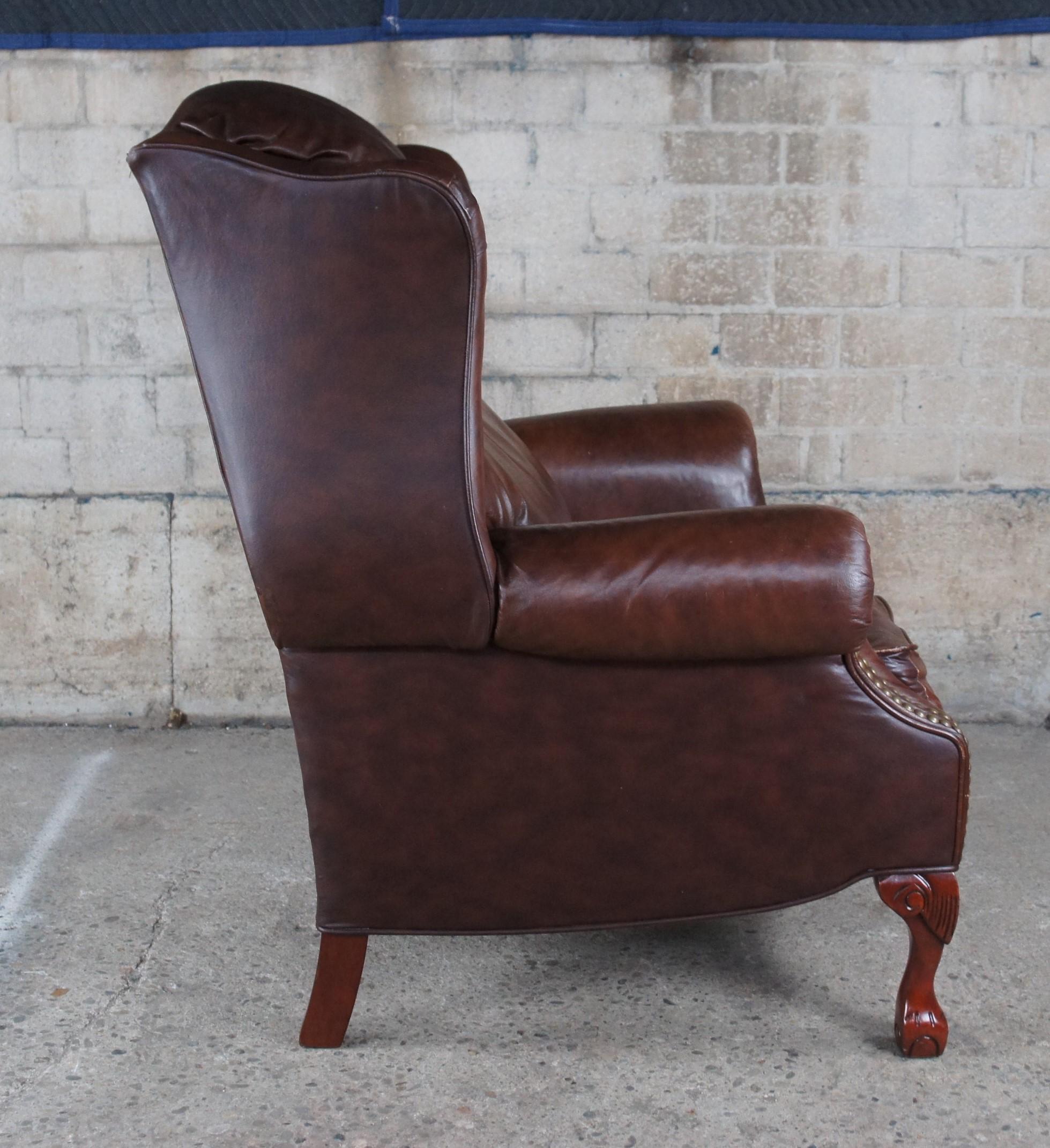20th Century Bradington Young Maxwell Brown Leather Chippendale Wingback Recliner Arm Chair