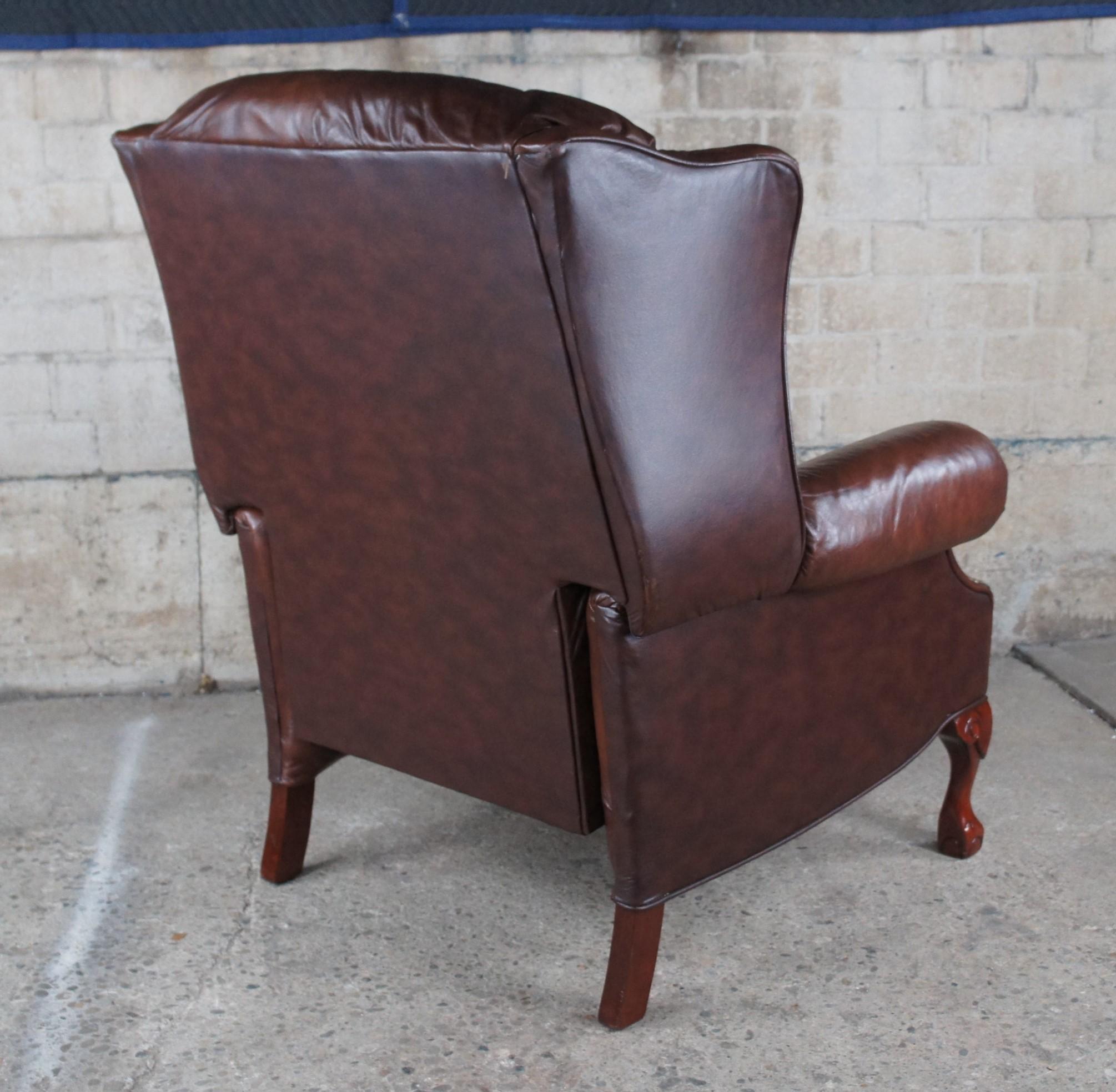 Bradington Young Maxwell Brown Leather Chippendale Wingback Recliner Arm Chair 1