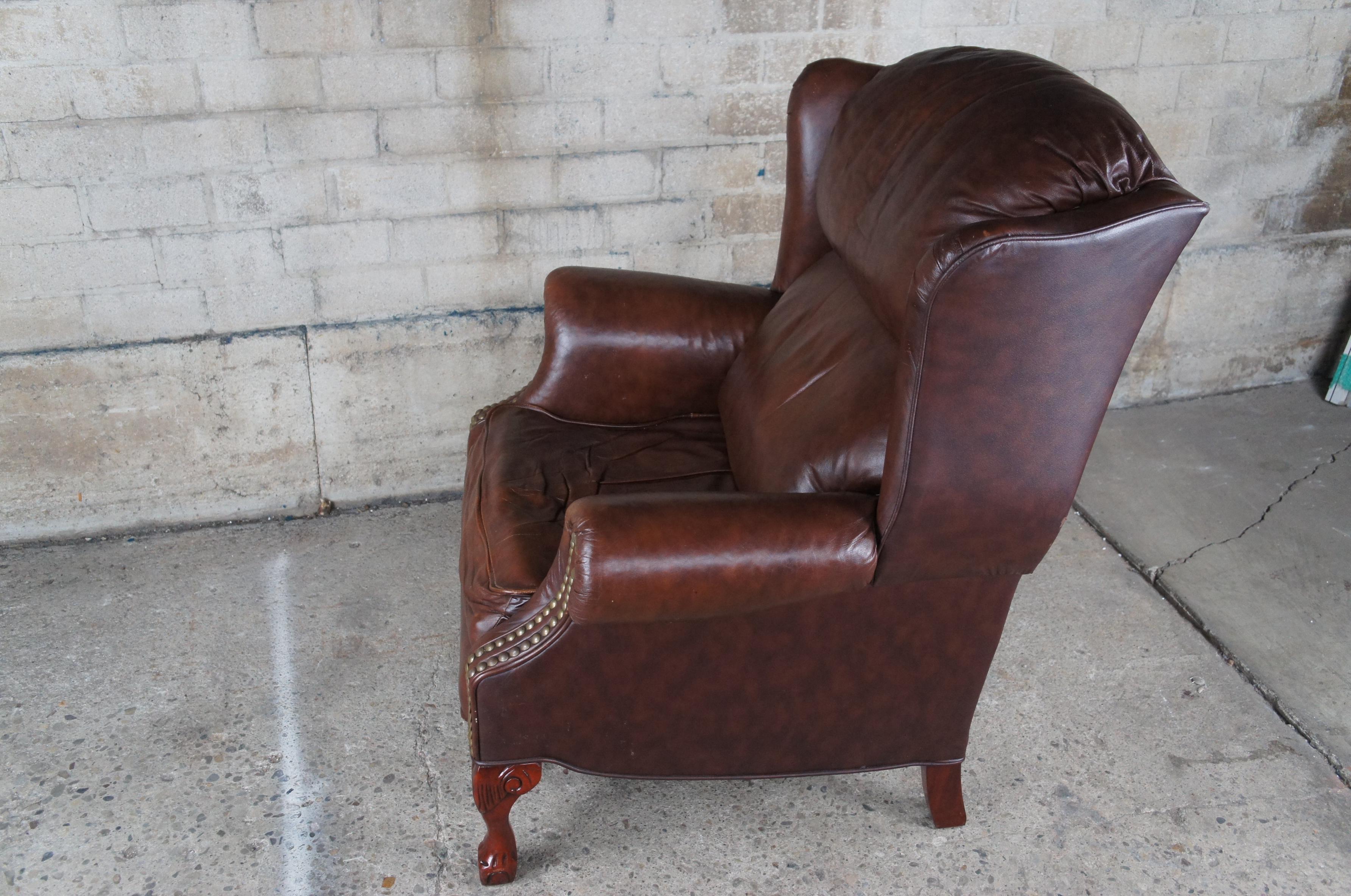 Bradington Young Maxwell Brown Leather Chippendale Wingback Recliner Arm Chair 4
