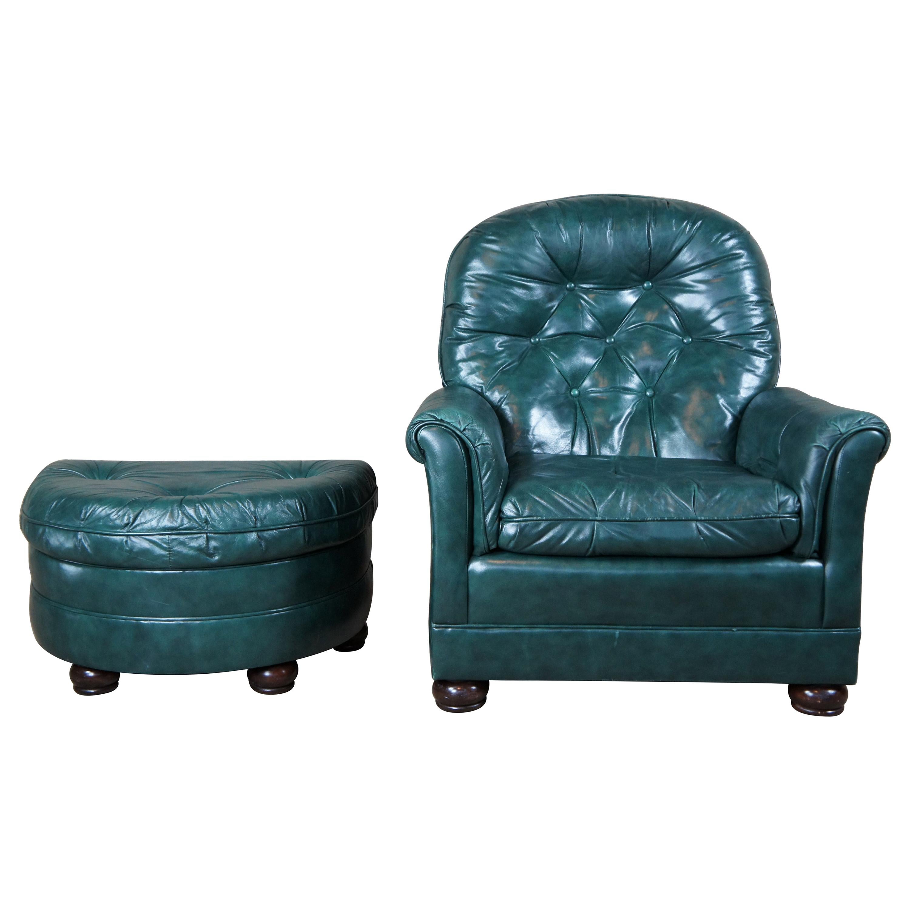 Bradington Young Tufted Green Leather Reclining Rockwell Chair and Ottoman