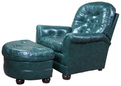 Bradington Young Tufted Green Leather Reclining Rockwell Chair and Ottoman