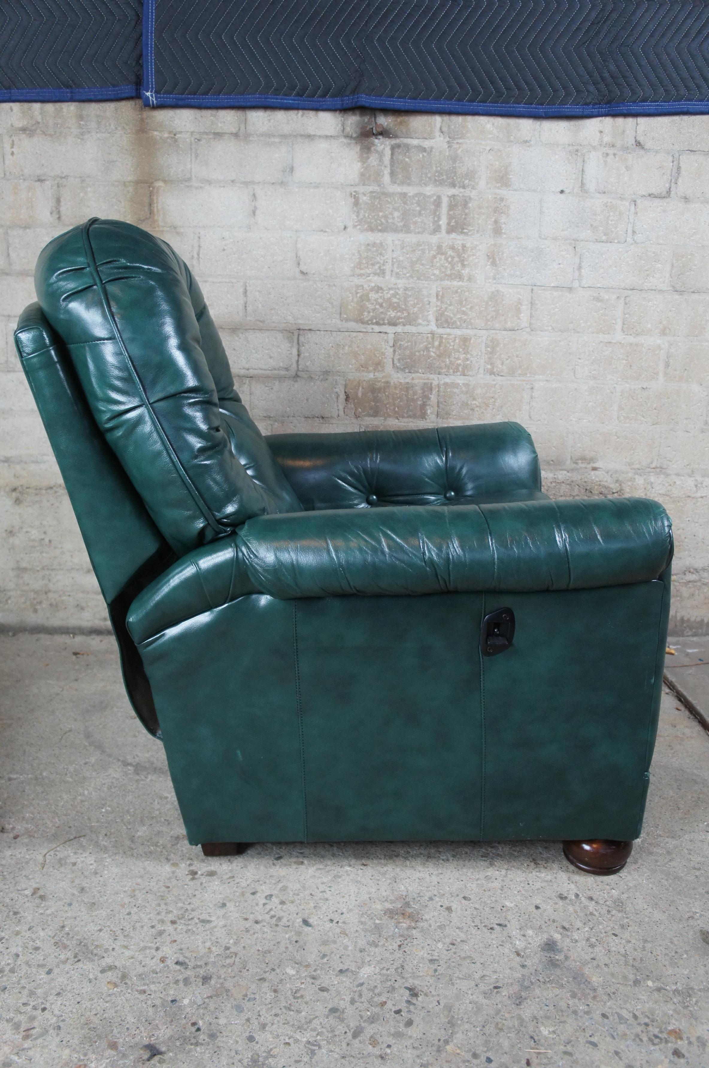 Bradington Young Tufted Green Leather Reclining Rockwell Chair and Ottoman In Good Condition In Dayton, OH