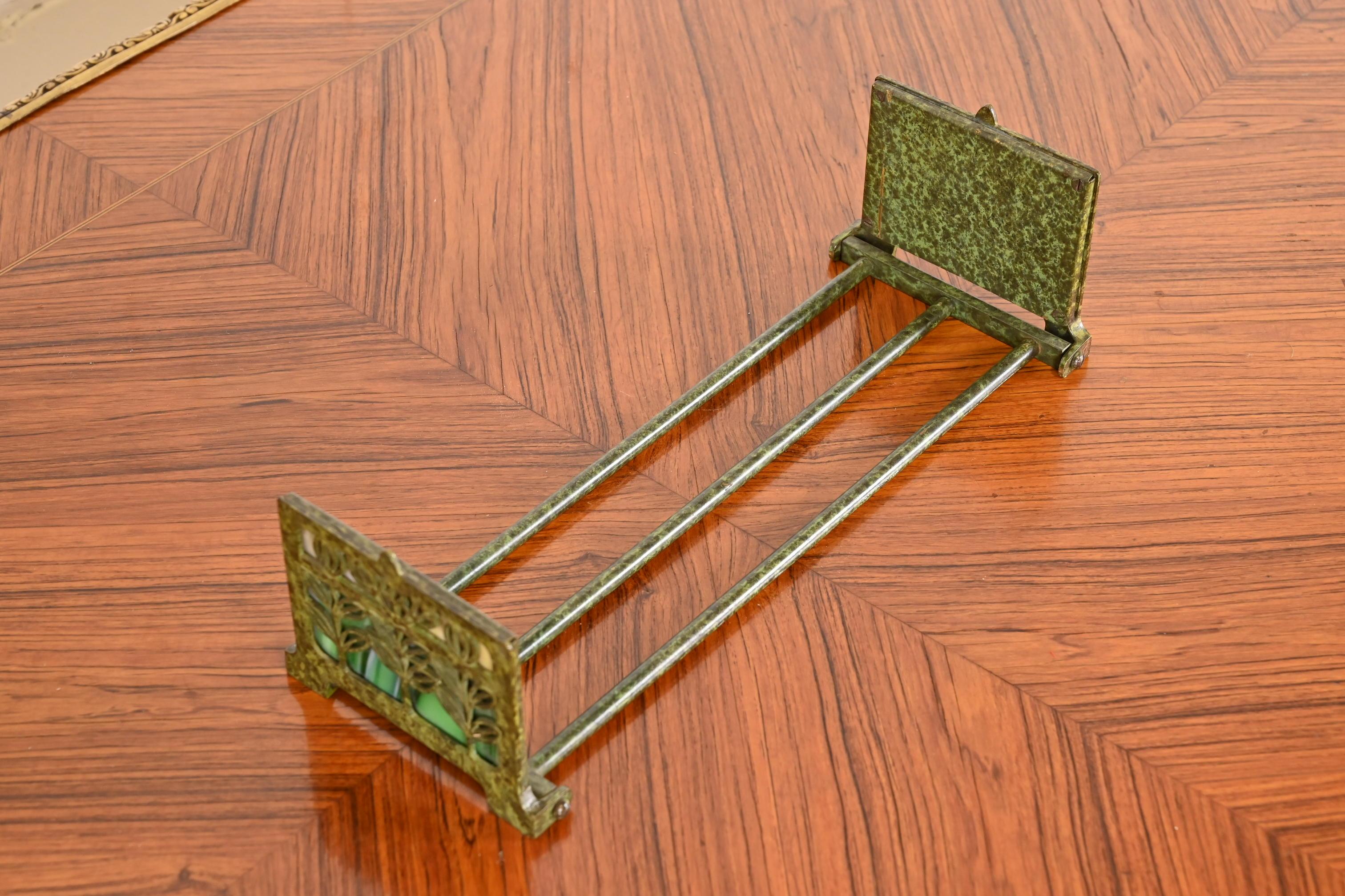 20th Century Bradley and Hubbard Art Nouveau Bronze and Slag Glass Expandable Book Rack For Sale