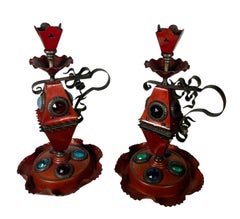 Bradley and Hubbard Copper Candlesticks with Iron Handles and Colored Crystals