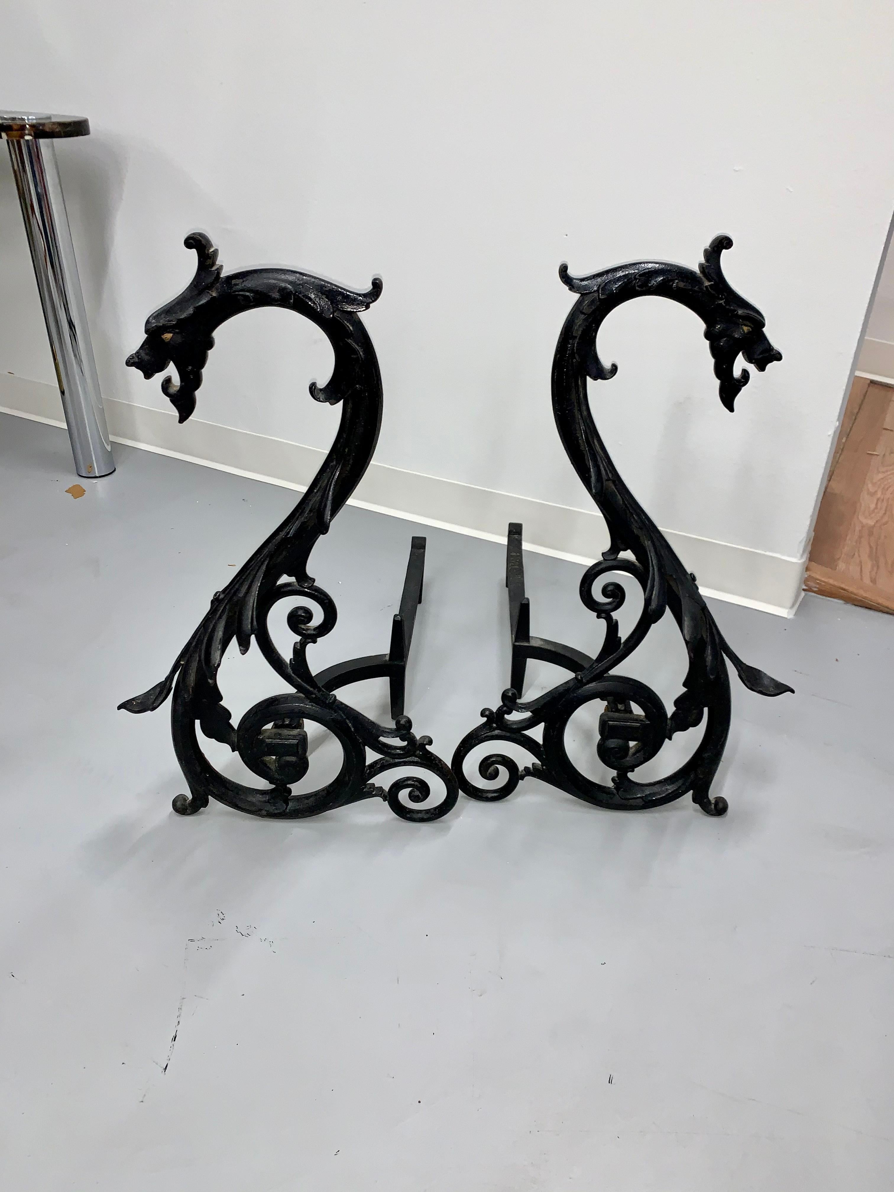American Bradley and Hubbard Dragon Andirons