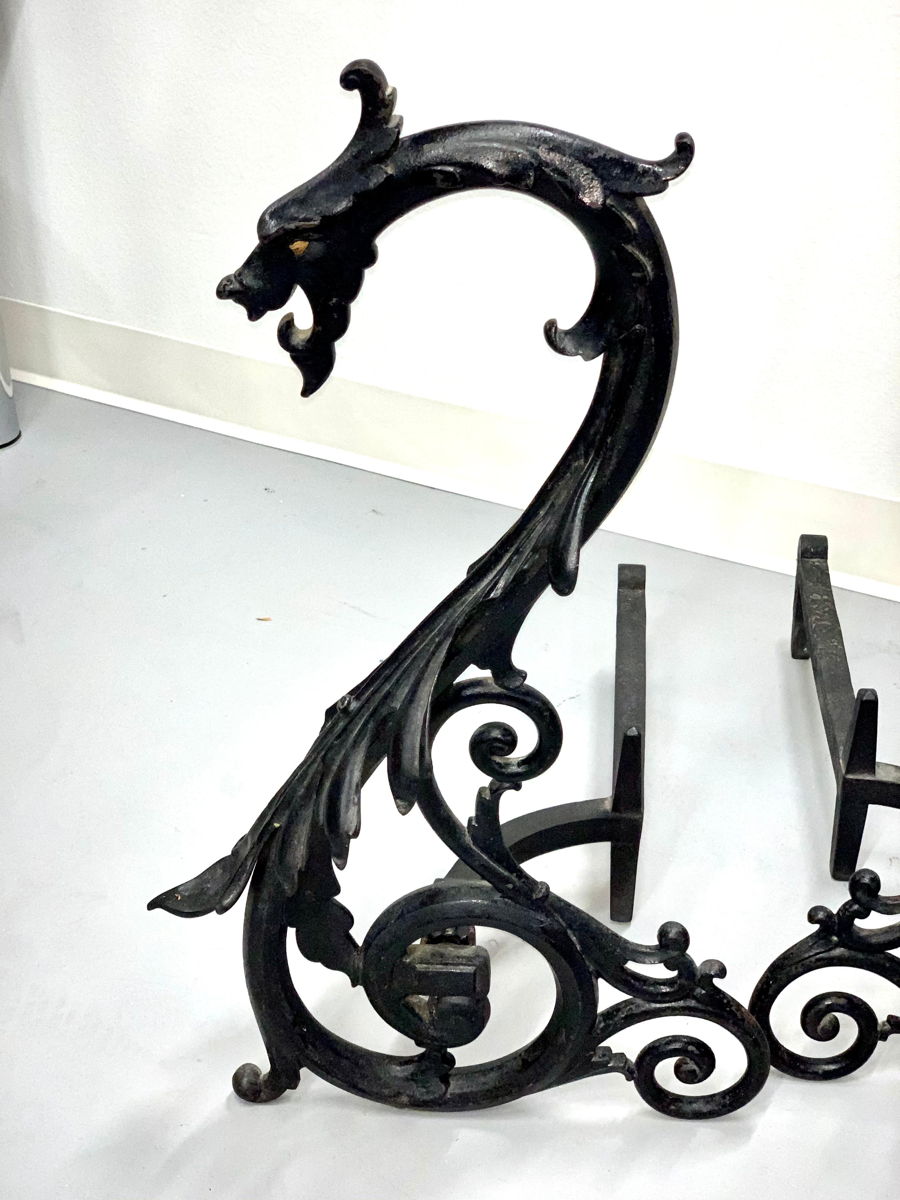 Hand-Crafted Bradley and Hubbard Dragon Andirons