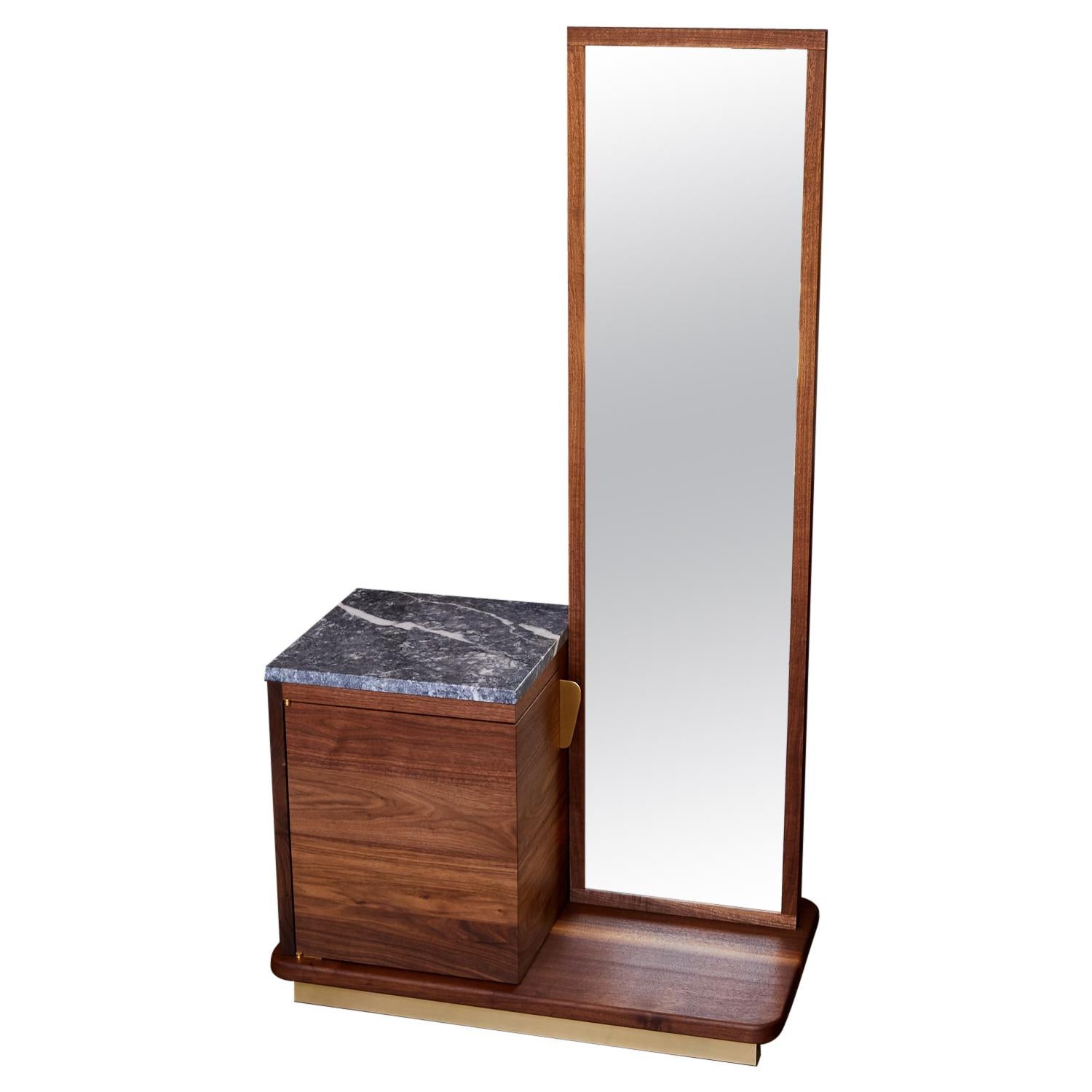 "Bradley" Cabinet / Mirror Pedestal, Walnut, Brass Mirror Glass Dry Bar Cabinet For Sale