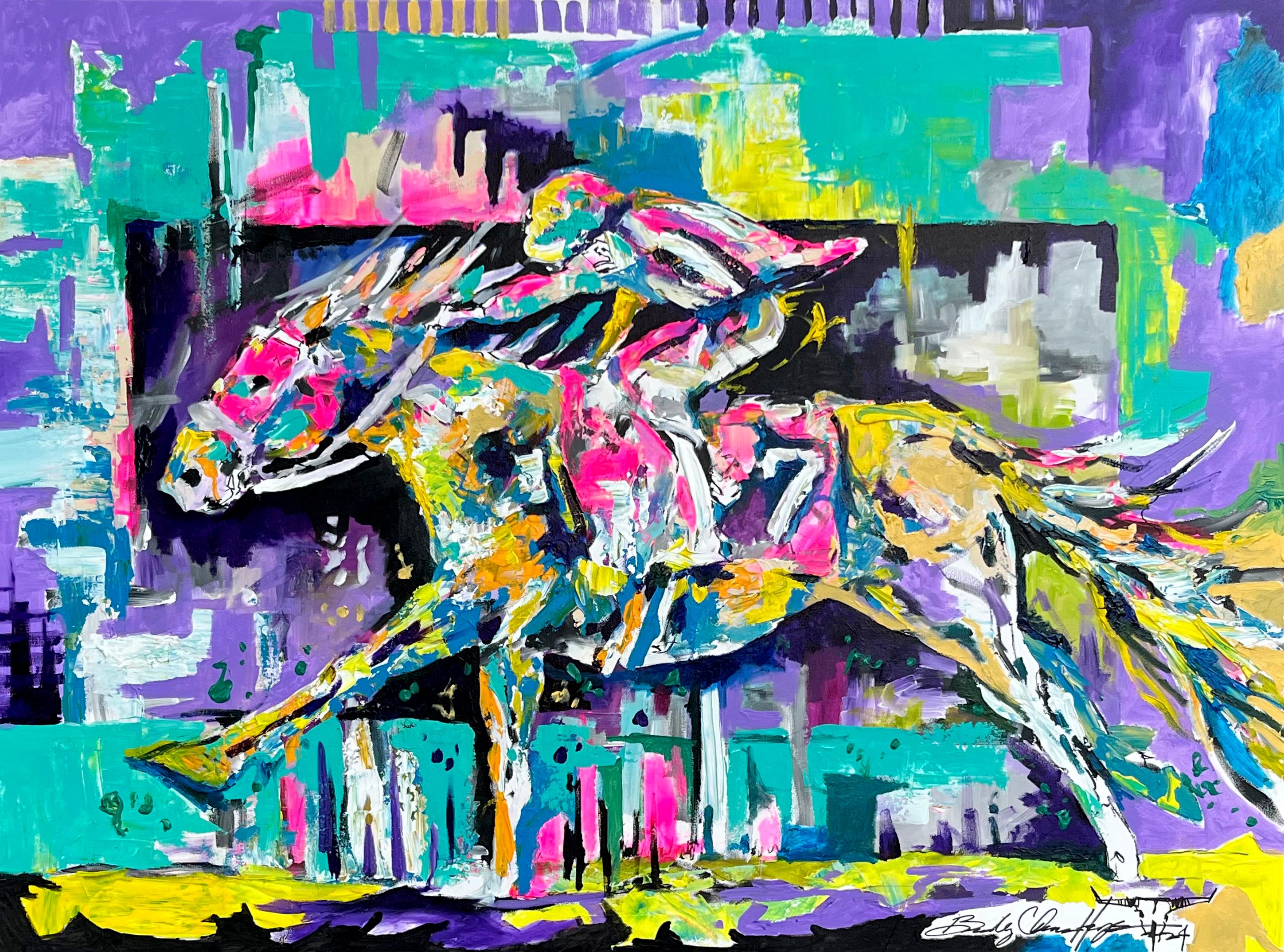 Bradley Chance Hayes "Conectados" Pintura abstracta colorida de carreras de caballos equinos