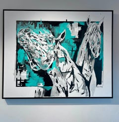 Bradley Chance Hays, "Duo" Black White Blue Modern Horse Equine Painting 48x60