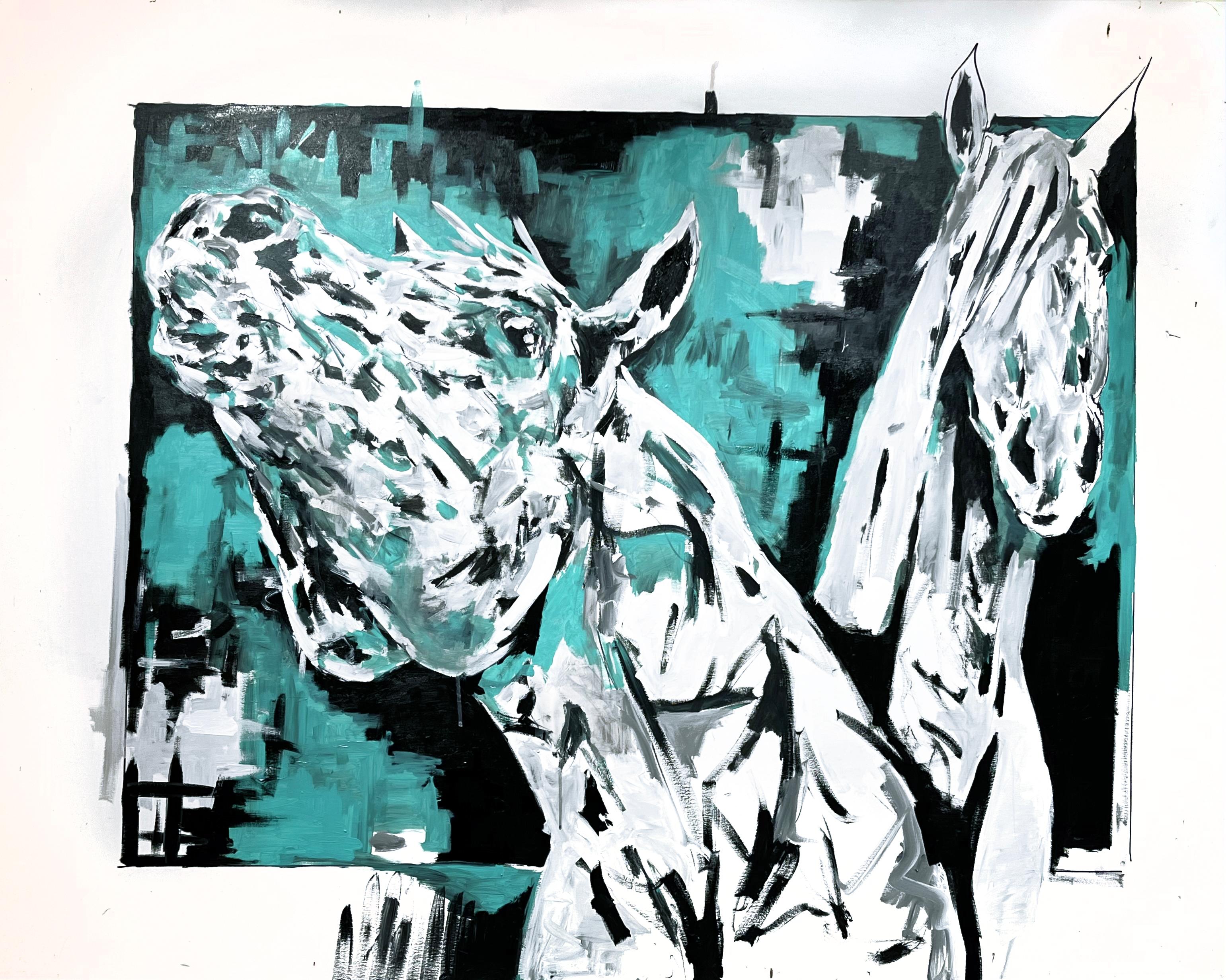 "Dúo" es un óleo original de 48x60 de Bradley Chance Hayes.  Se trata de una pintura expresiva de dos cabezas de caballo.  Hays optó por utilizar una paleta de colores azul turquesa para esta pieza, junto con un fondo blanco y negro por todas