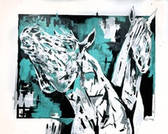Bradley Chance Hays, "Duo" Black White Blue Modern Horse Equine Painting 48x60
