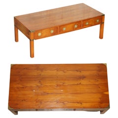 Used Bradley Furniture Burr Yew Wood Brass Military Campaign 3 Drawer Coffee Table