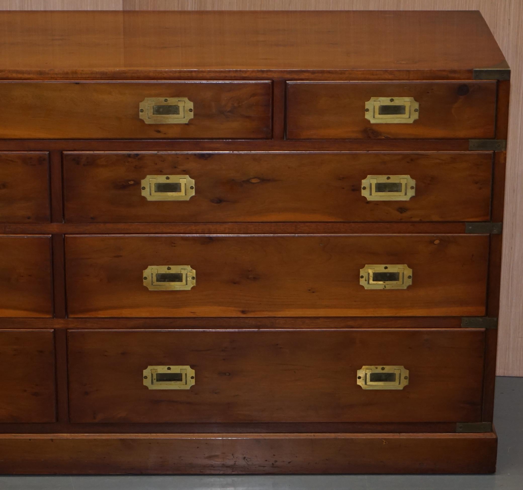 English Bradley Furniture Burr Yew Wood Military Campaign Low Sideboard Chest of Drawers