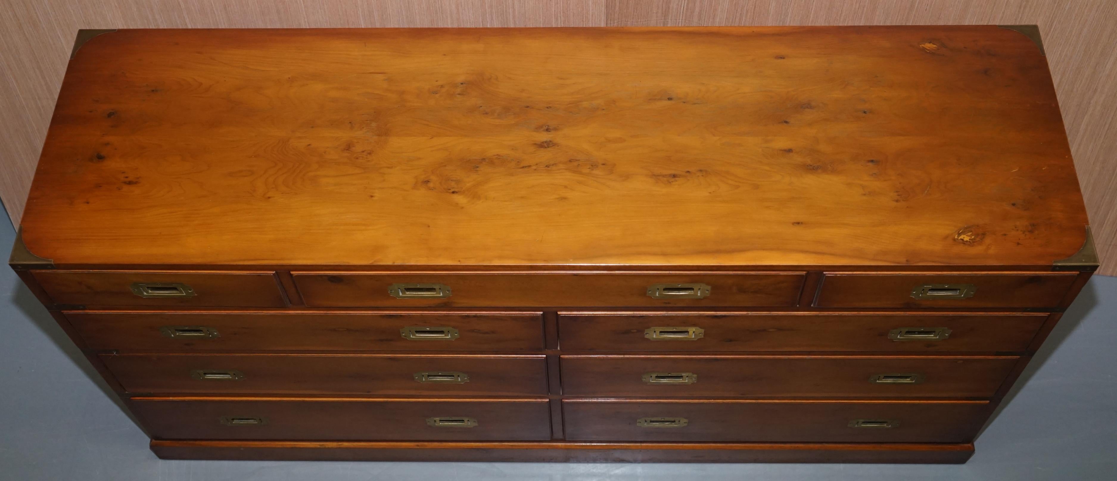 Hand-Crafted Bradley Furniture Burr Yew Wood Military Campaign Low Sideboard Chest of Drawers
