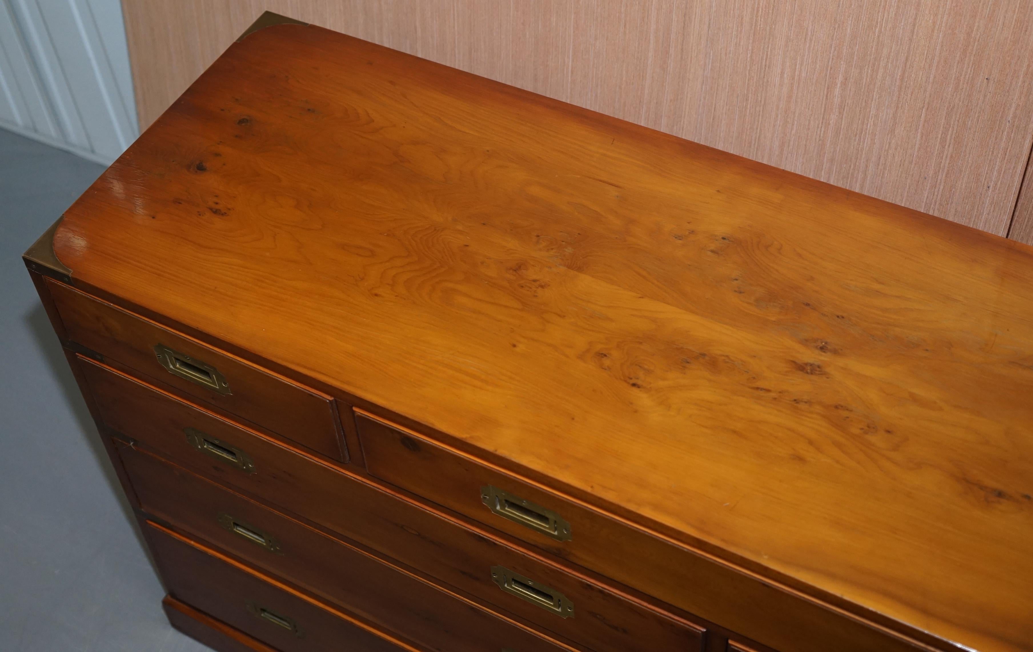 20th Century Bradley Furniture Burr Yew Wood Military Campaign Low Sideboard Chest of Drawers