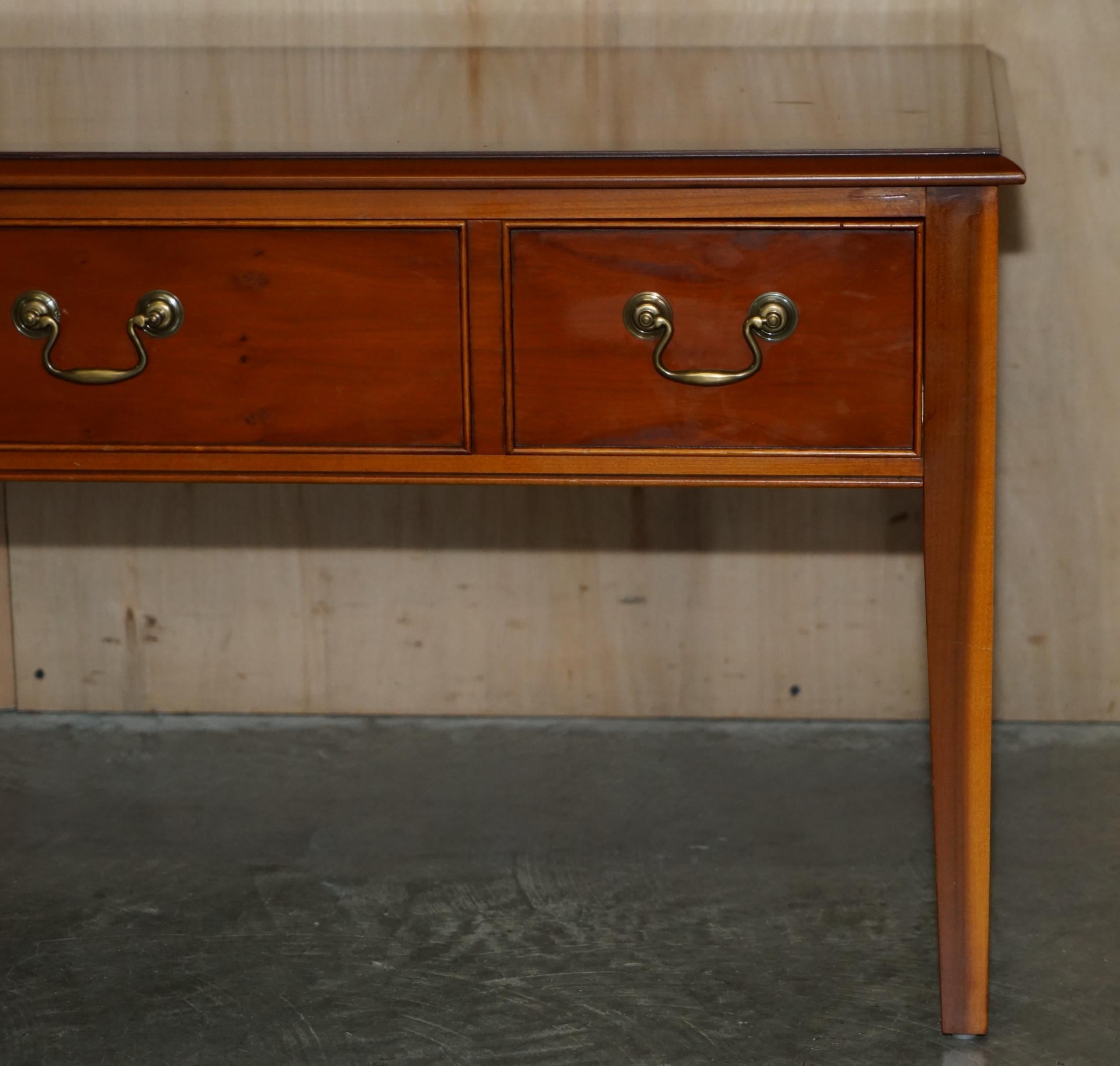 English Bradley Furniture Burr Yew Wood Two Drawer Coffee Table + Butlers Serving Trays