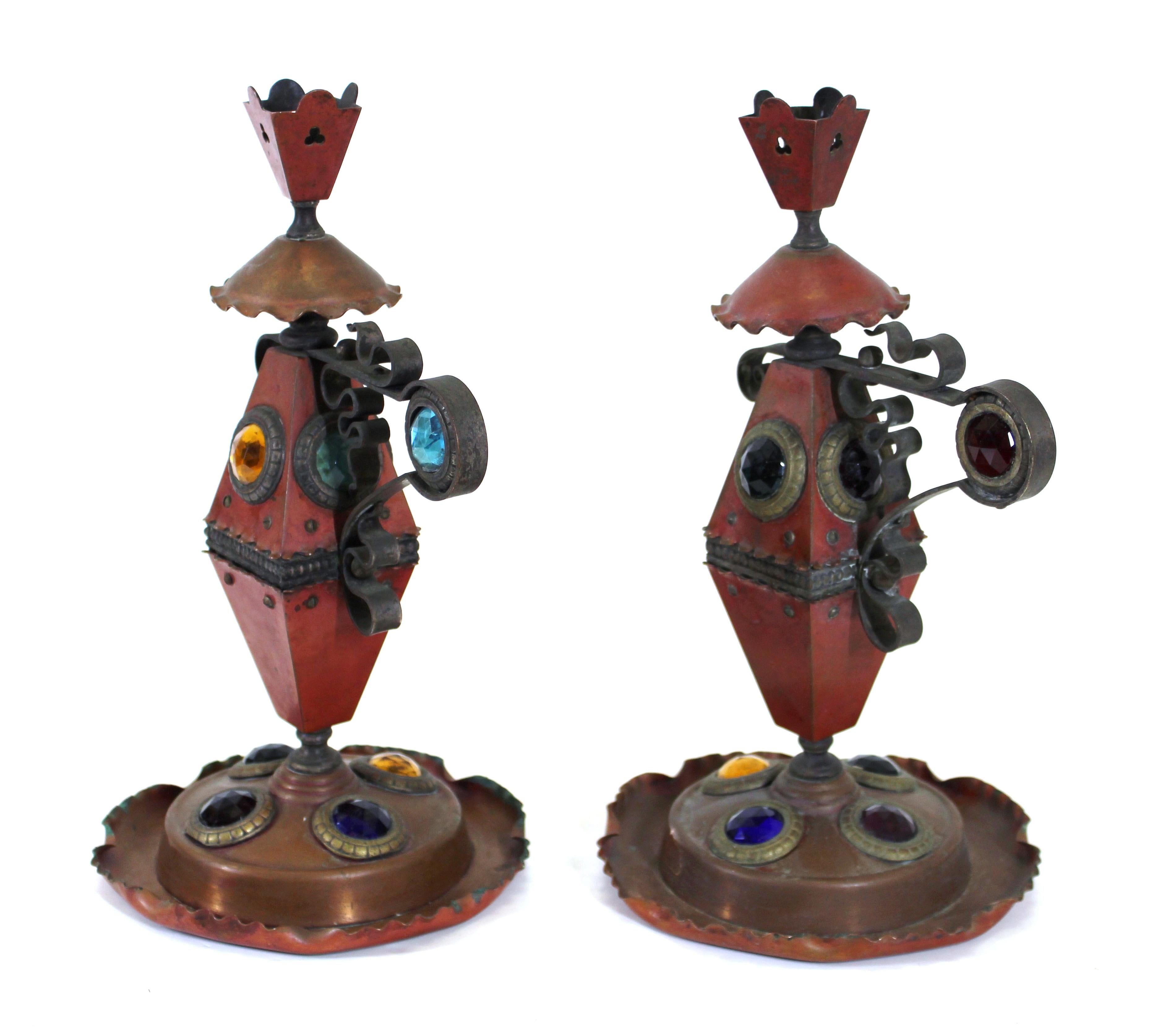 Bradley & Hubbard Aesthetic Movement Jeweled Candleholders in Copper & Iron 4