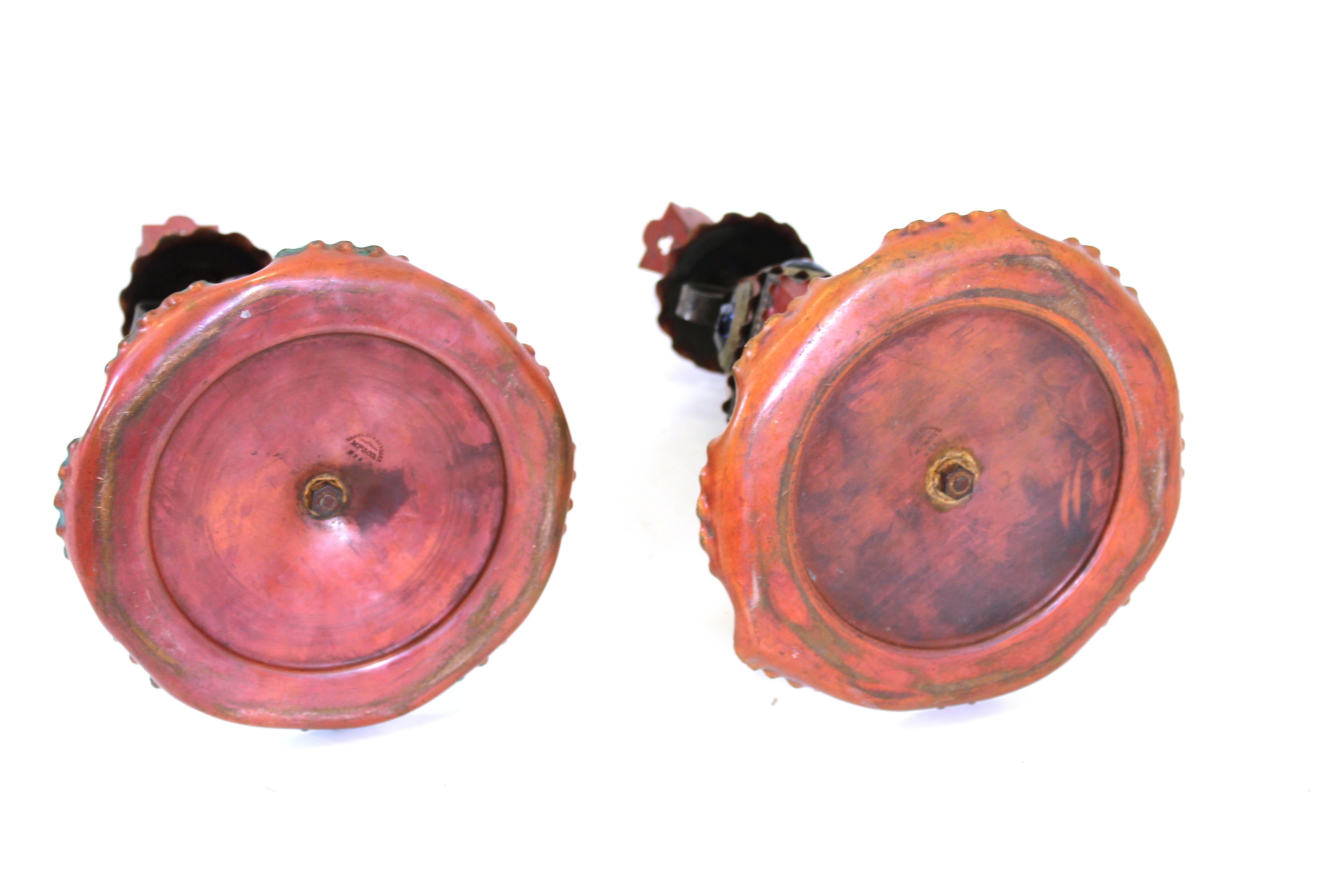 Bradley & Hubbard Aesthetic Movement Jeweled Candleholders in Copper & Iron 8
