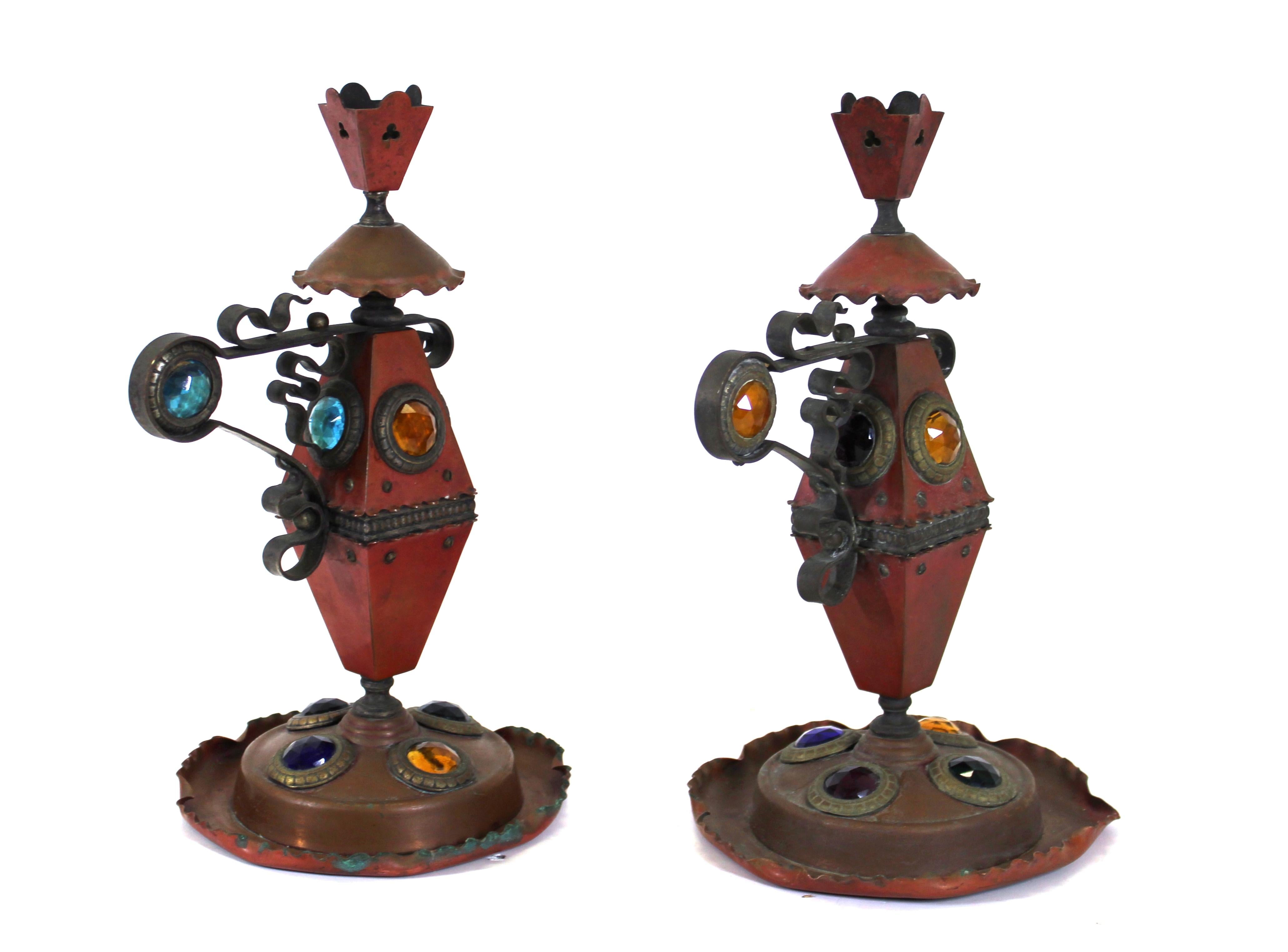 Bradley & Hubbard American Aesthetic Movement pair of handmade rare copper and iron candleholders with faceted glass jewel inserts and original red patina in the style of Tiffany & Co. Made in the United States during the 1870s, this pair is in