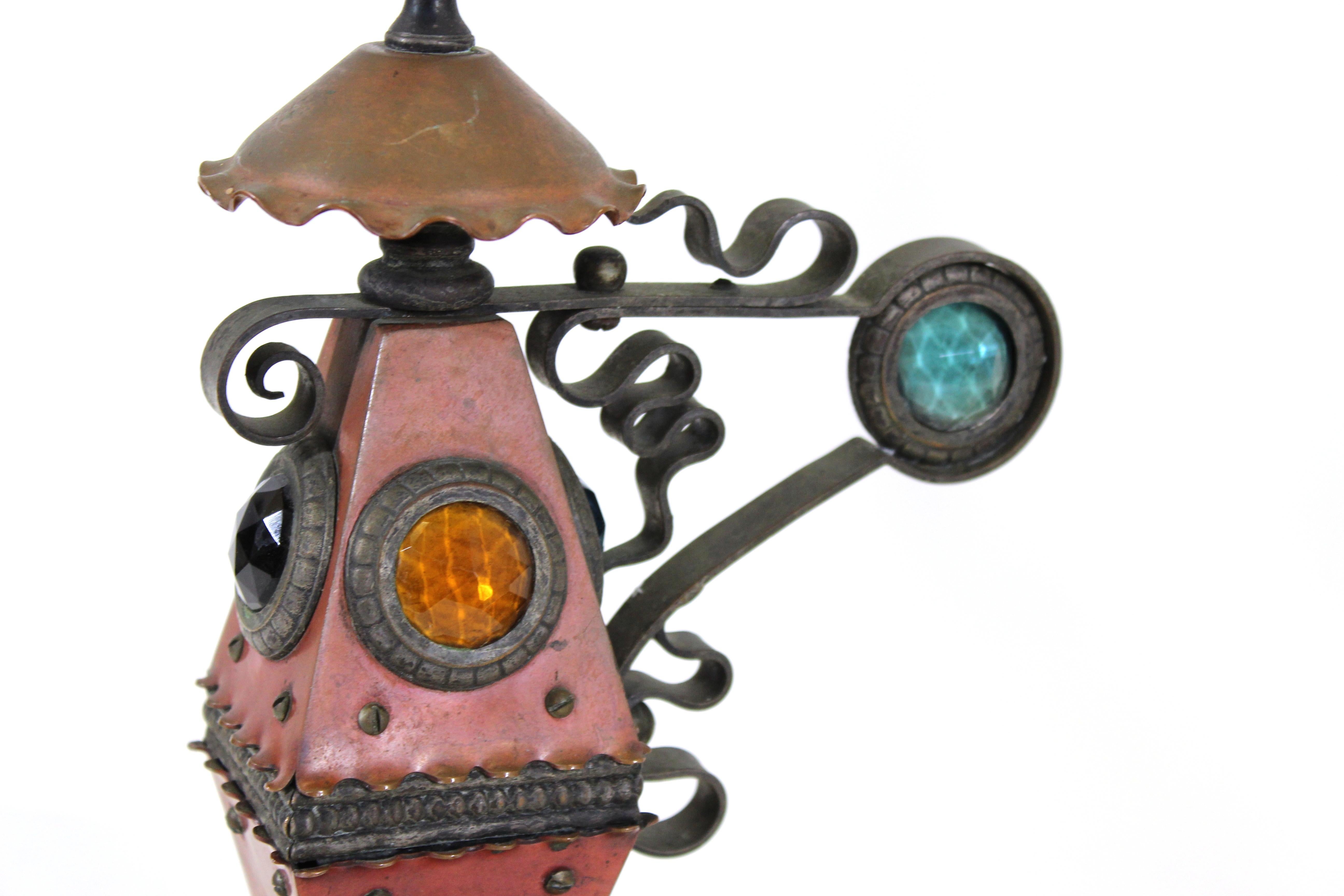 Bradley & Hubbard Aesthetic Movement Jeweled Candleholders in Copper & Iron In Good Condition In Astoria, NY