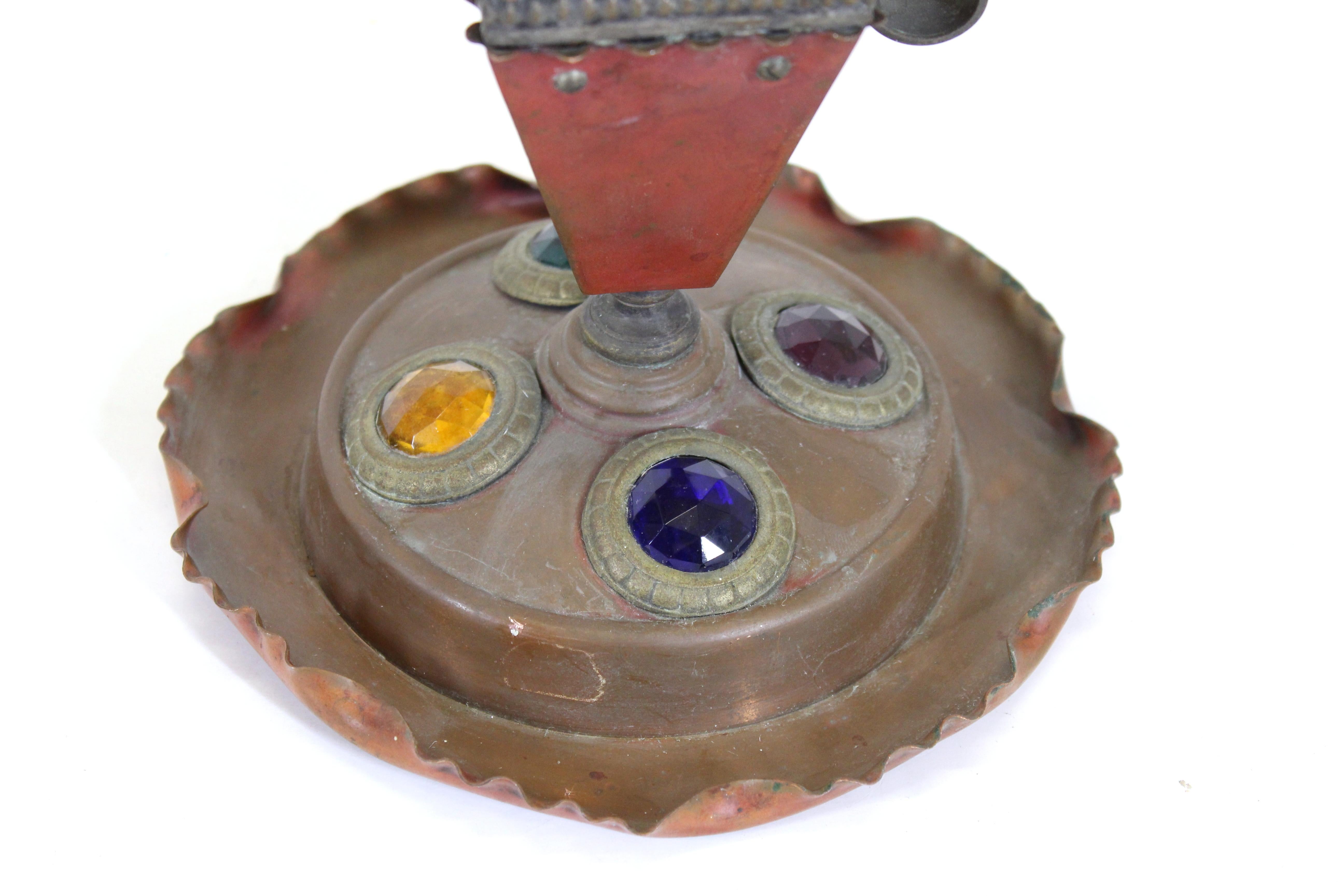 Bradley & Hubbard Aesthetic Movement Jeweled Candleholders in Copper & Iron 1