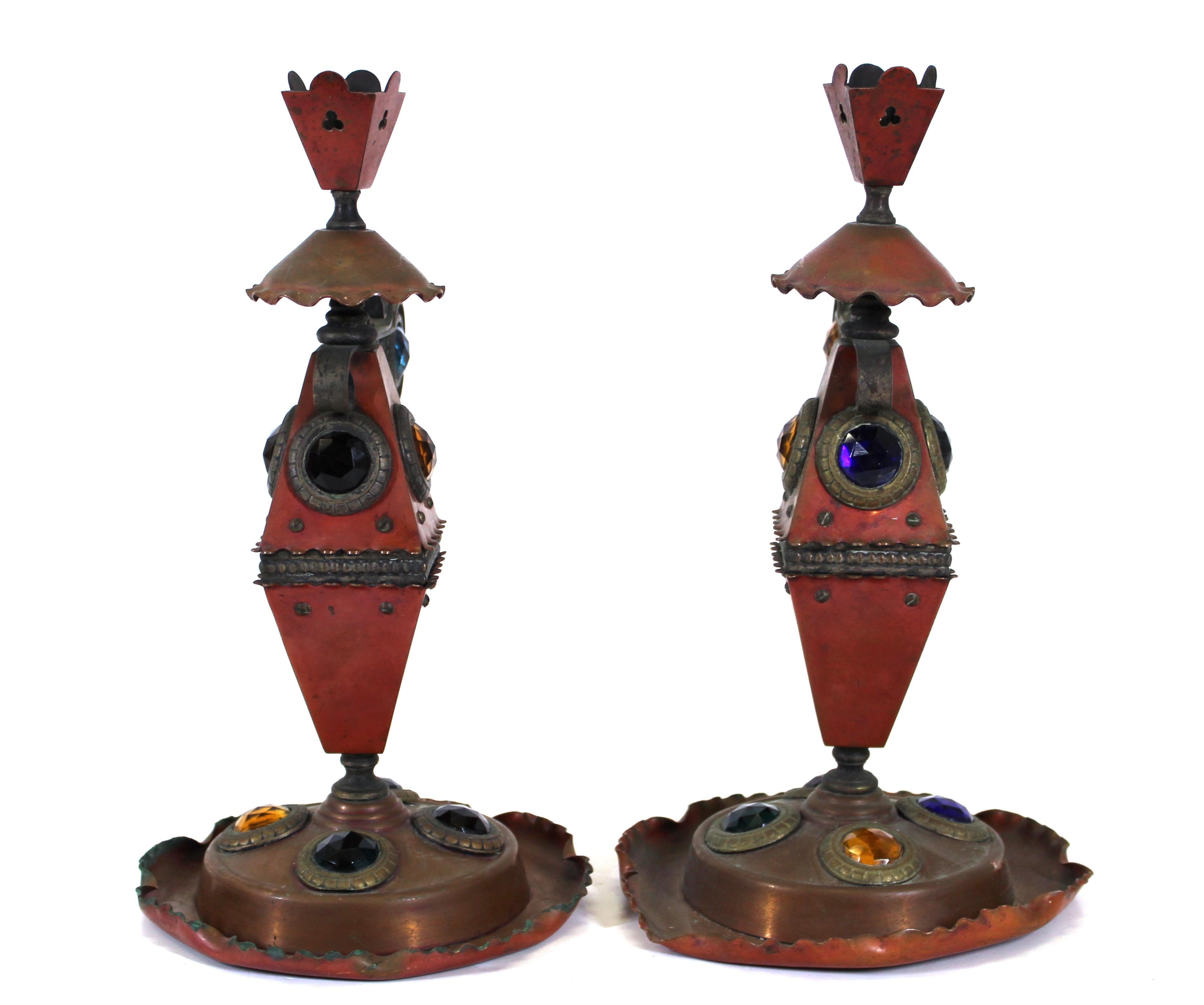 Bradley & Hubbard Aesthetic Movement Jeweled Candleholders in Copper & Iron For Sale 3