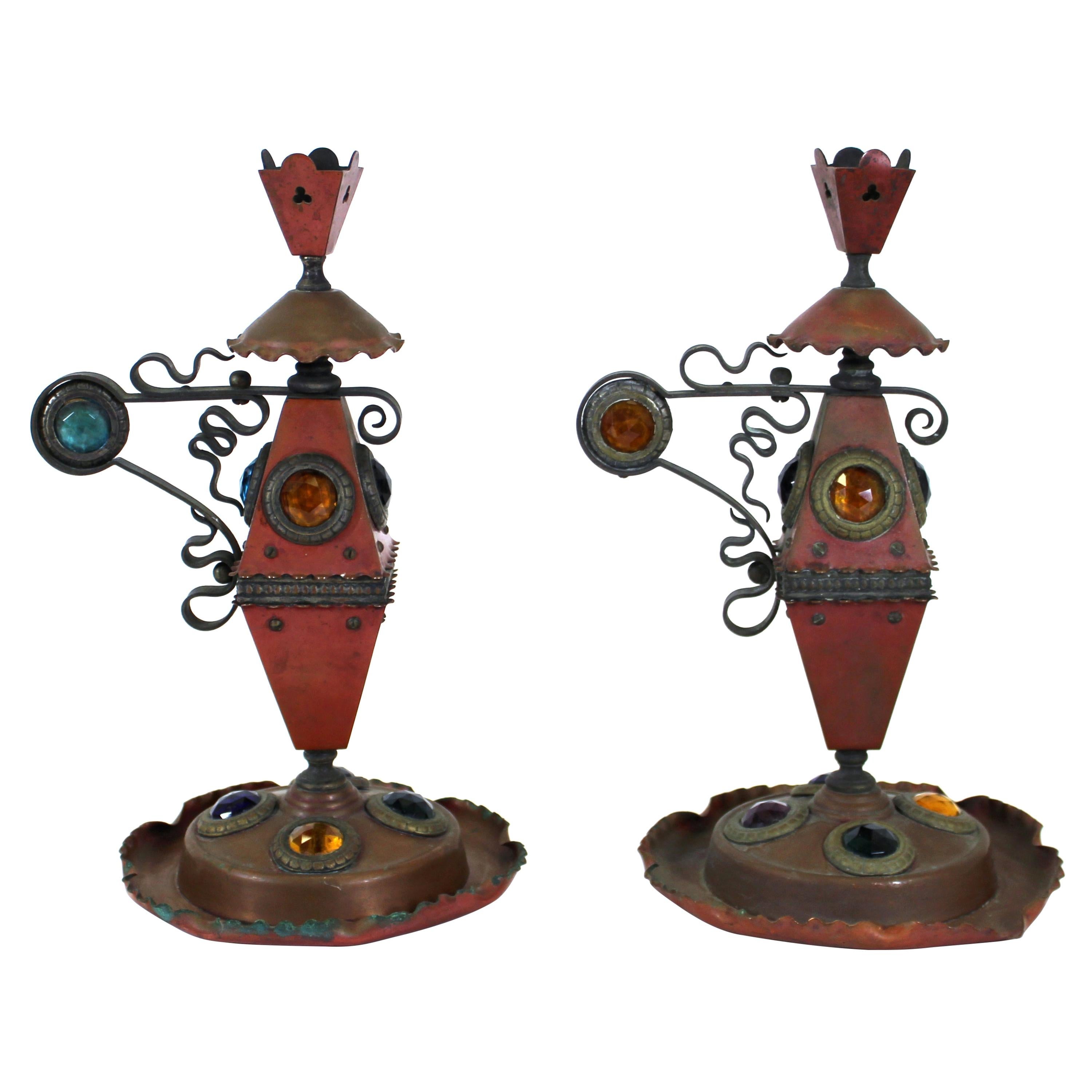 Bradley & Hubbard Aesthetic Movement Jeweled Candleholders in Copper & Iron For Sale