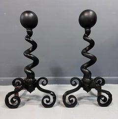 Bradley & Hubbard Andirons Cast Iron Cannonball Tops Over Corkscrew Columns