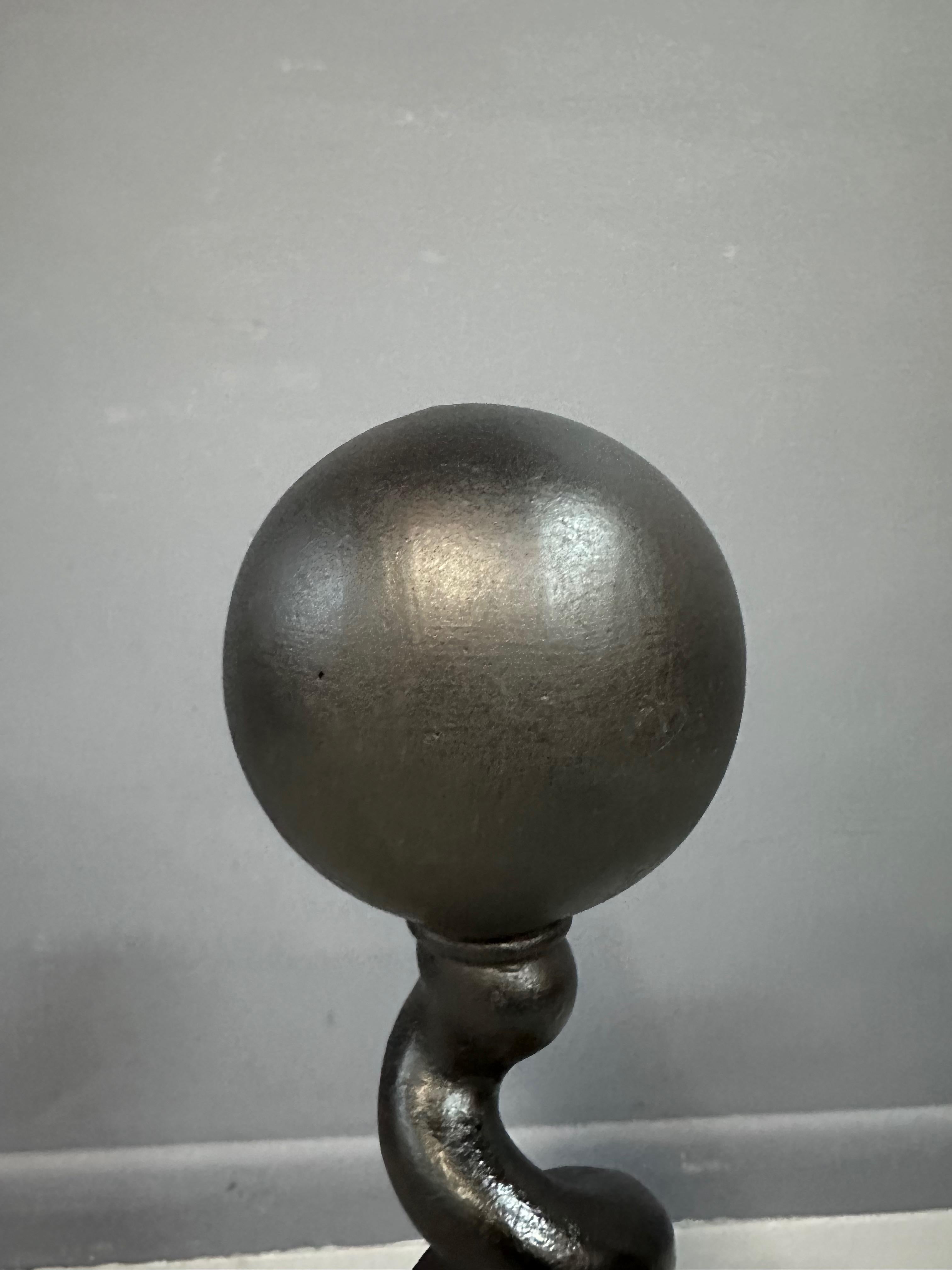 Bradley & Hubbard Andirons Cast Iron Cannonball Tops Over Corkscrew Columns In Good Condition For Sale In Philadelphia, PA