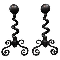 Retro Bradley & Hubbard Andirons Cast Iron Cannonball Tops Over Corkscrew Columns