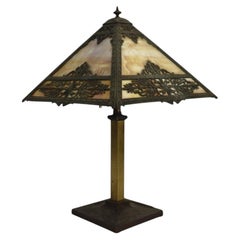Bradley & Hubbard Arts & Crafts 4-Panel Floral Overlay Slag Glass Lamp c1920