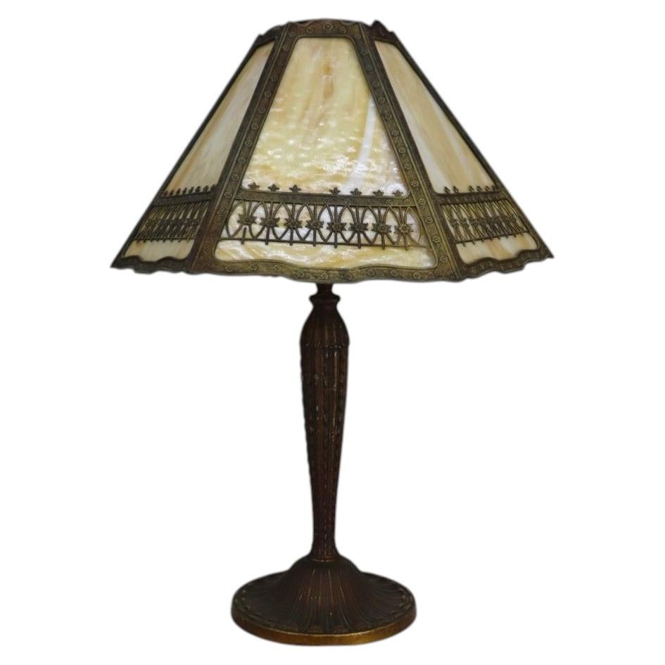 Bradley & Hubbard Arts & Crafts 6 Panel Slag Glass Table Lamp c1920