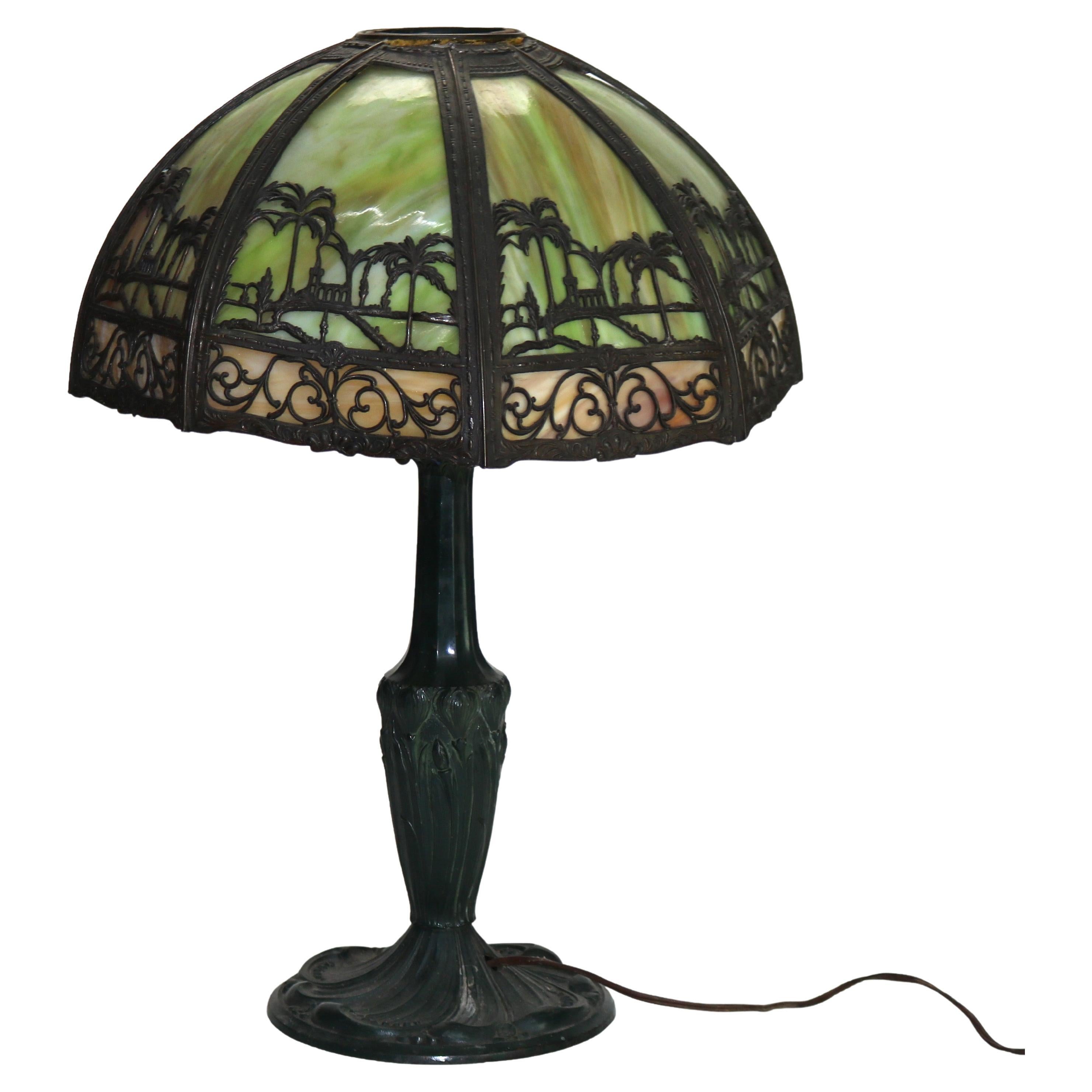 Bradley & Hubbard Arts & Crafts Two-Tone Slag Glass Table Lamp with Church Scene