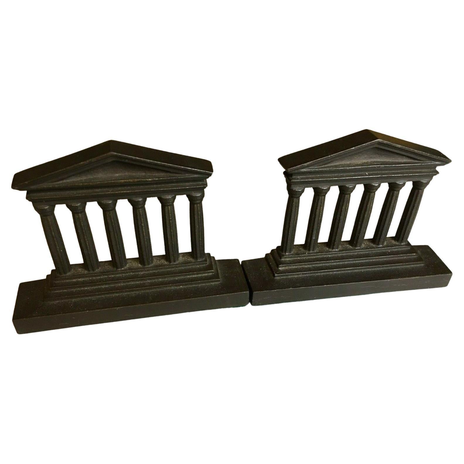 Iron Bradley Hubbard B&H Gold/Gilded Bookends Federal Neoclassical Building w/Columns For Sale