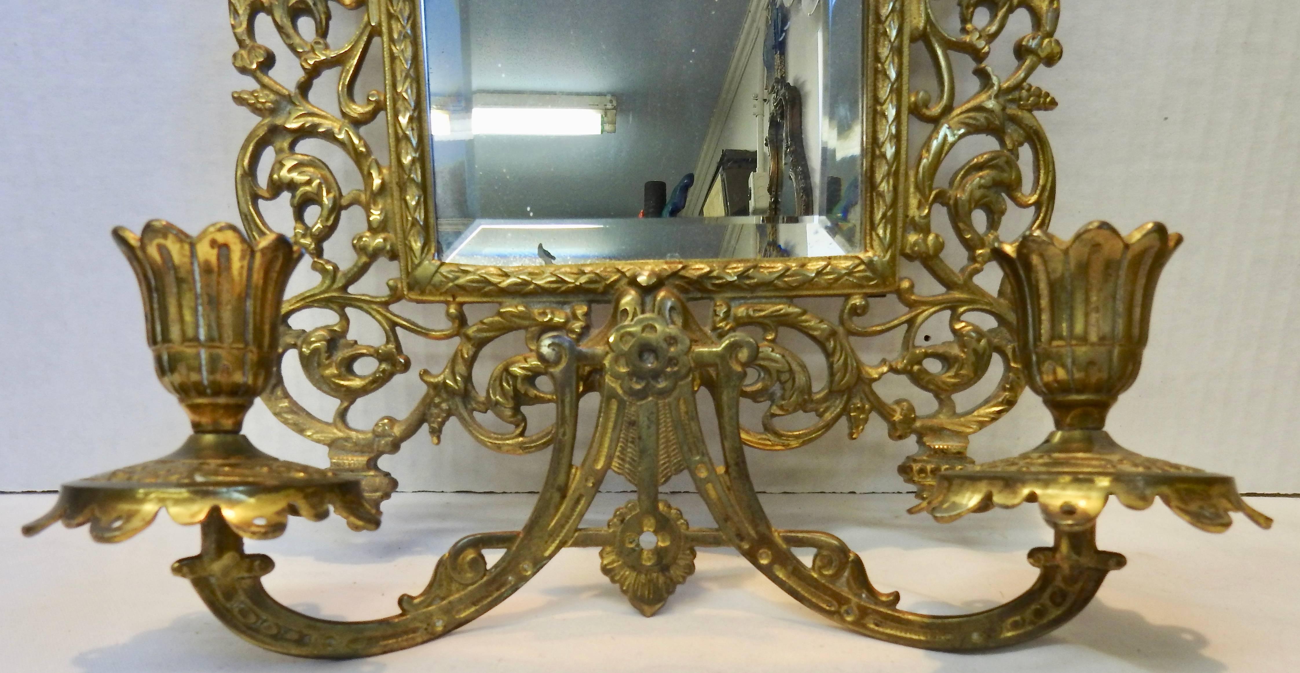 Art Deco Bradley & Hubbard Co. Brass Beveled Mirror with Sconces, 20th Century For Sale