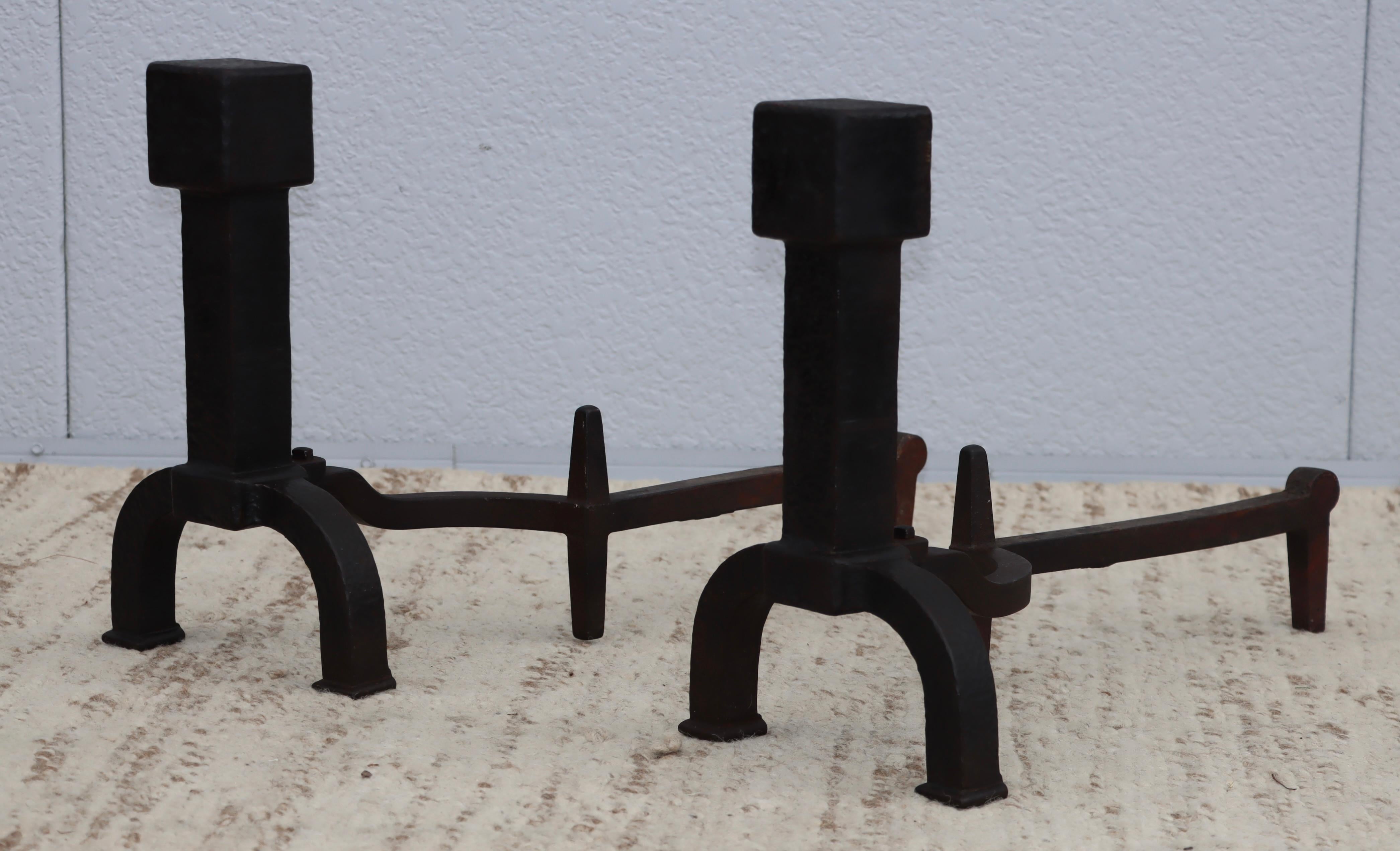 Bradley & Hubbard Hammered Iron Andirons, Art Deco Style, 1940s In Good Condition In New York, NY