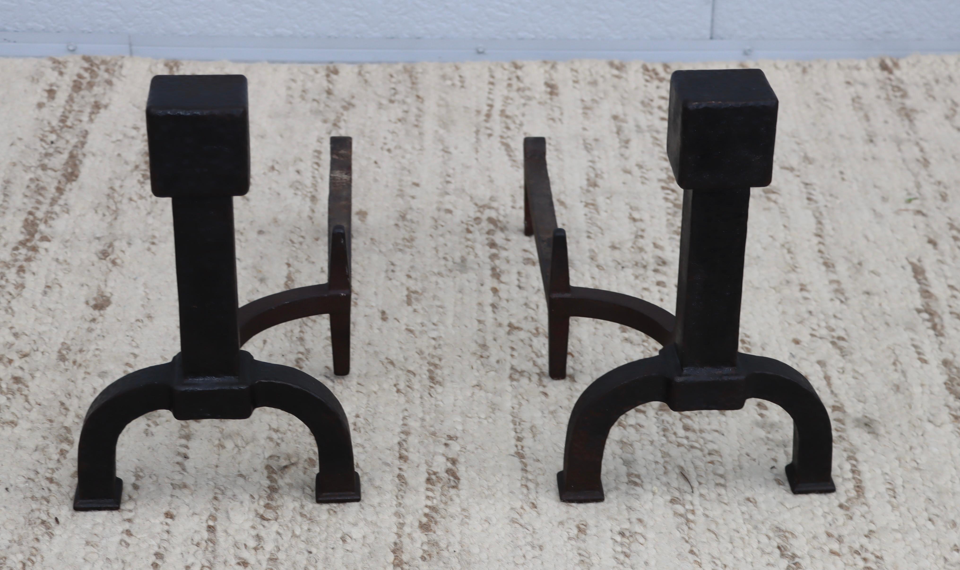 Bradley & Hubbard Hammered Iron Andirons, Art Deco Style, 1940s 1