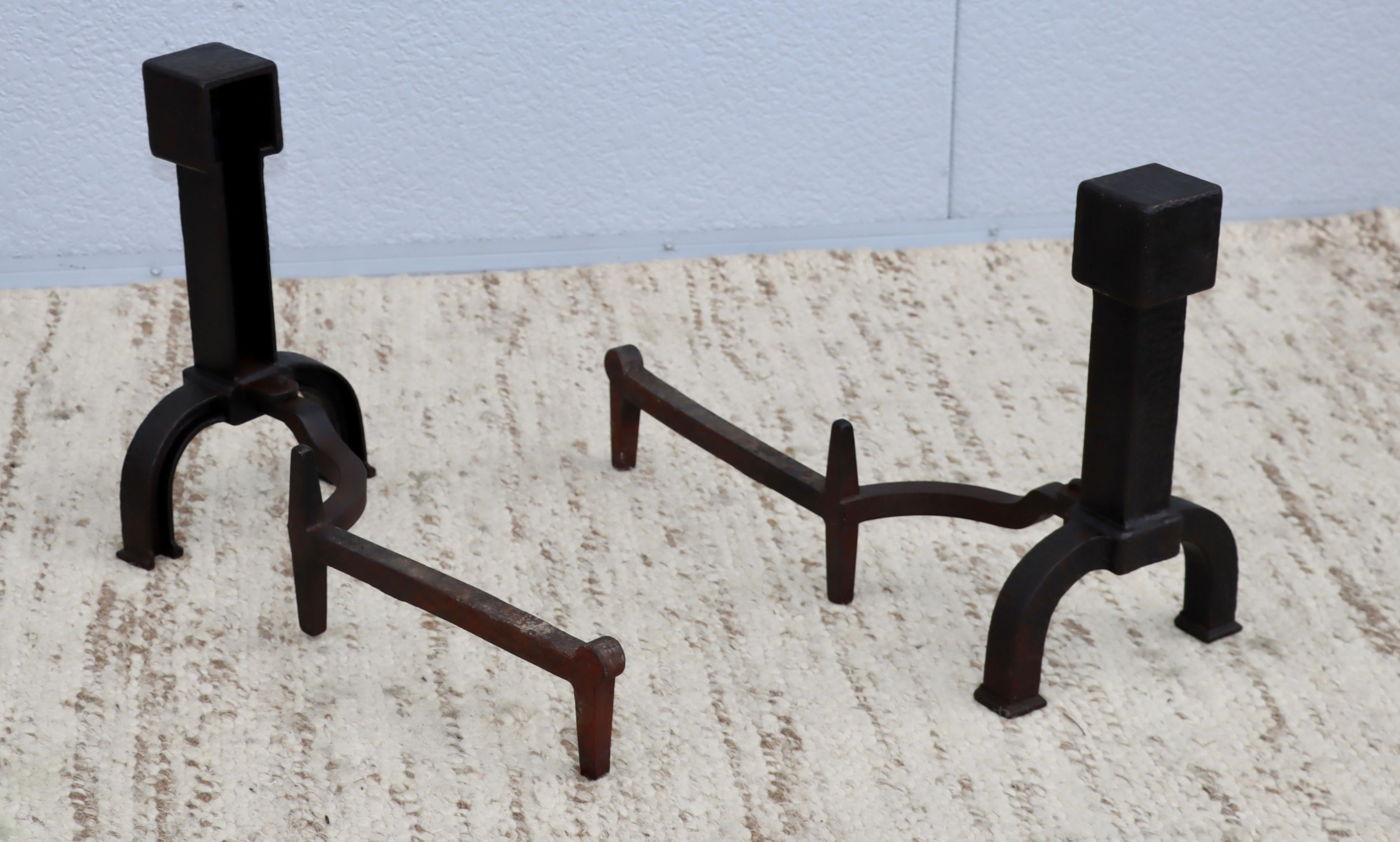 Bradley & Hubbard Hammered Iron Andirons, Art Deco Style, 1940s 2