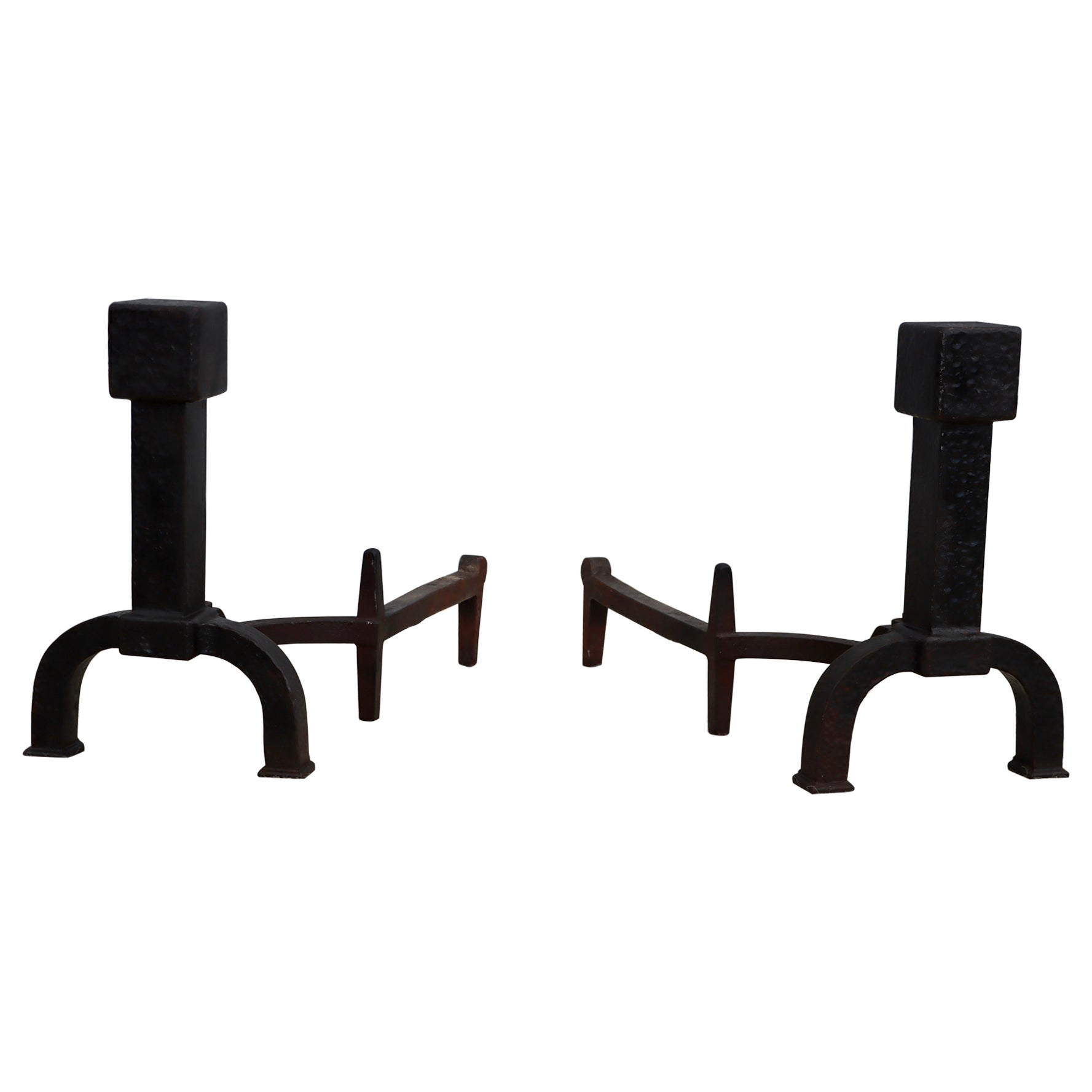 Bradley 
Hubbard Hammered Iron Andirons, Art Deco Style, 1940s