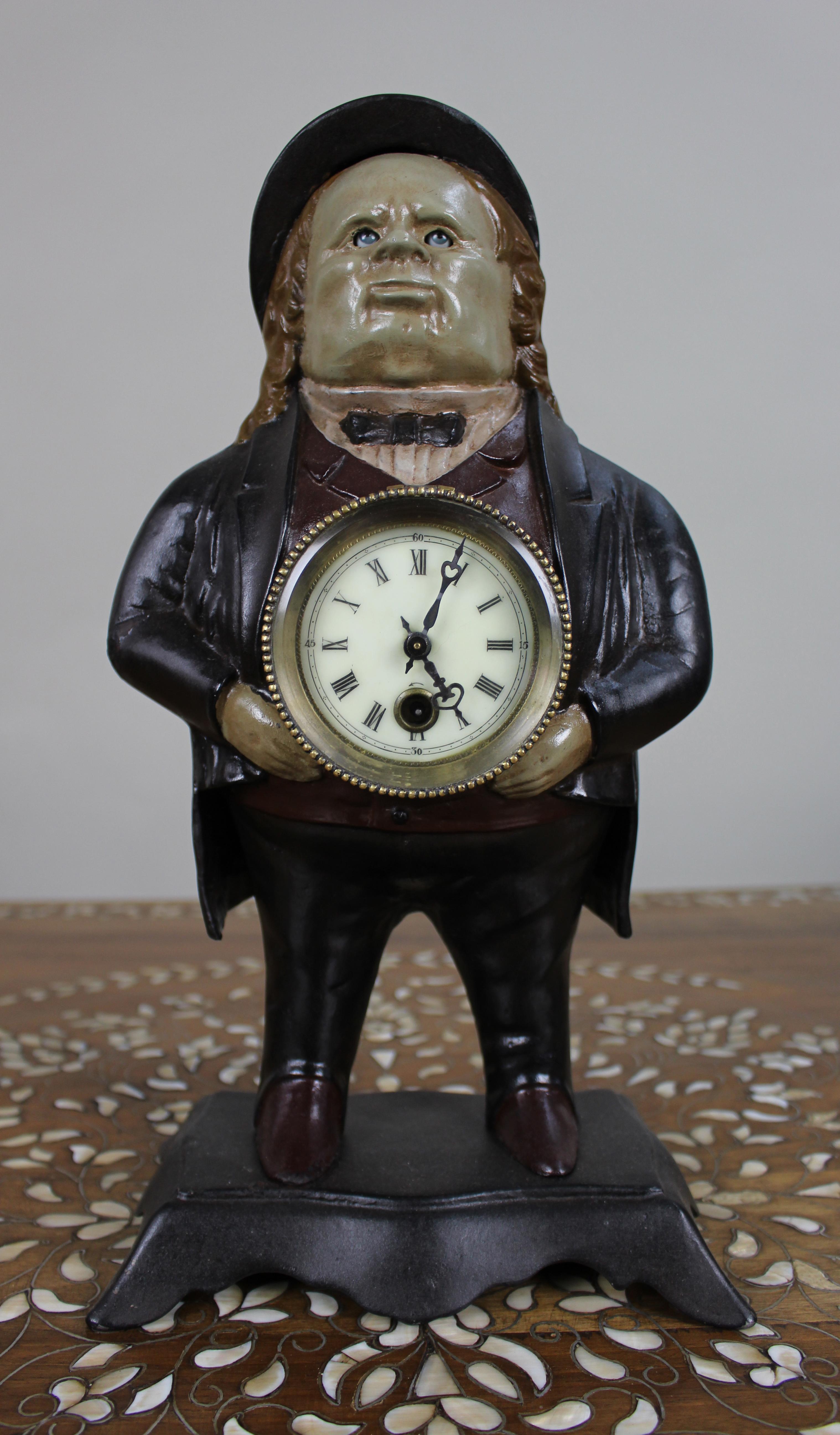 Bradley & Hubbard ‘John Bull’ Blinking Eye Clock – Pat. 1857

A late 19th century American cast iron novelty mantel clock by Bradley & Hubbard of Meriden, Connecticut. The figure of John Bull is shown in Victorian dress, wearing a frock coat and top