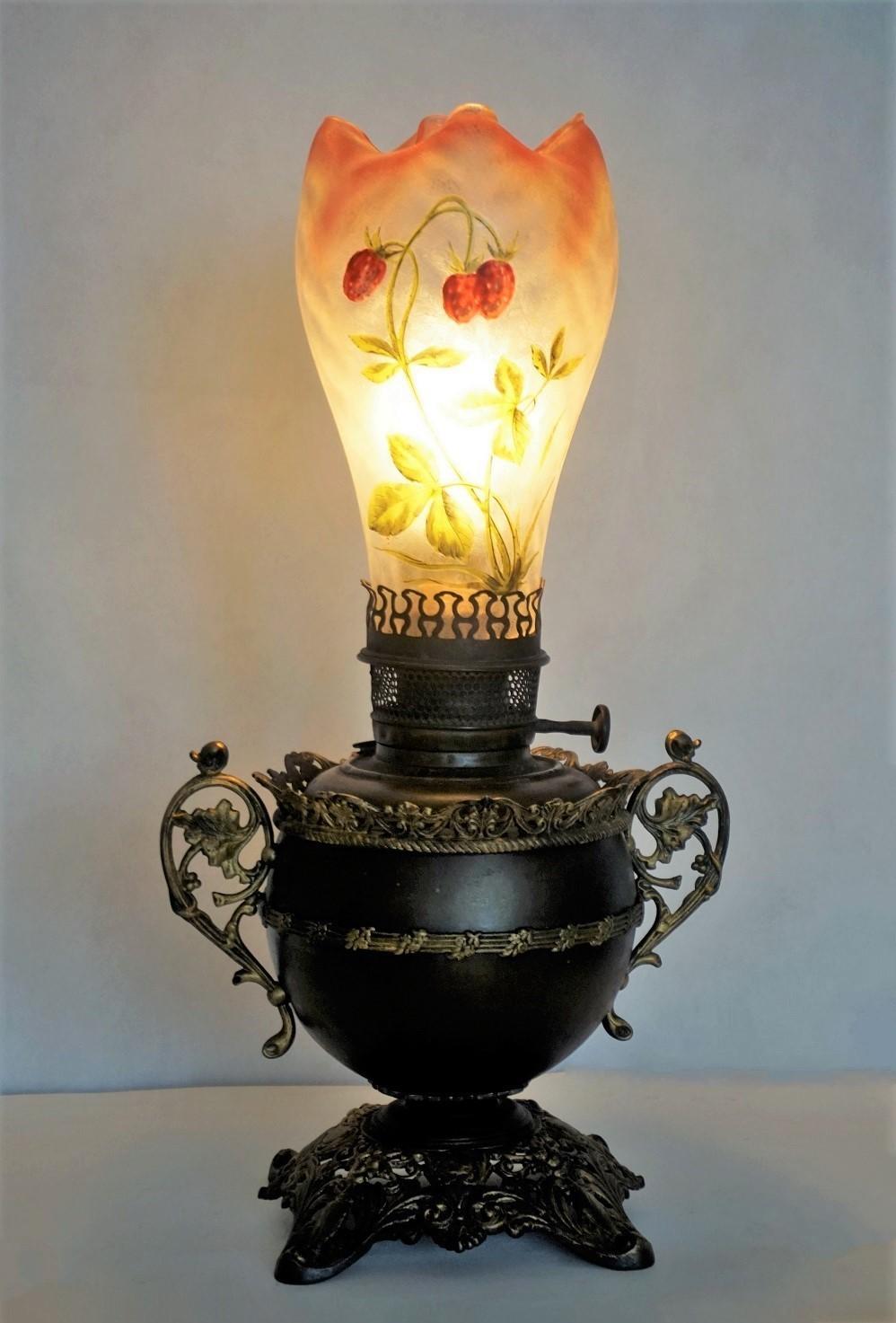 19th Century Bradley & Hubbard Kerosine Lamp with Hand Painted Hurricane Glass, Electrified For Sale