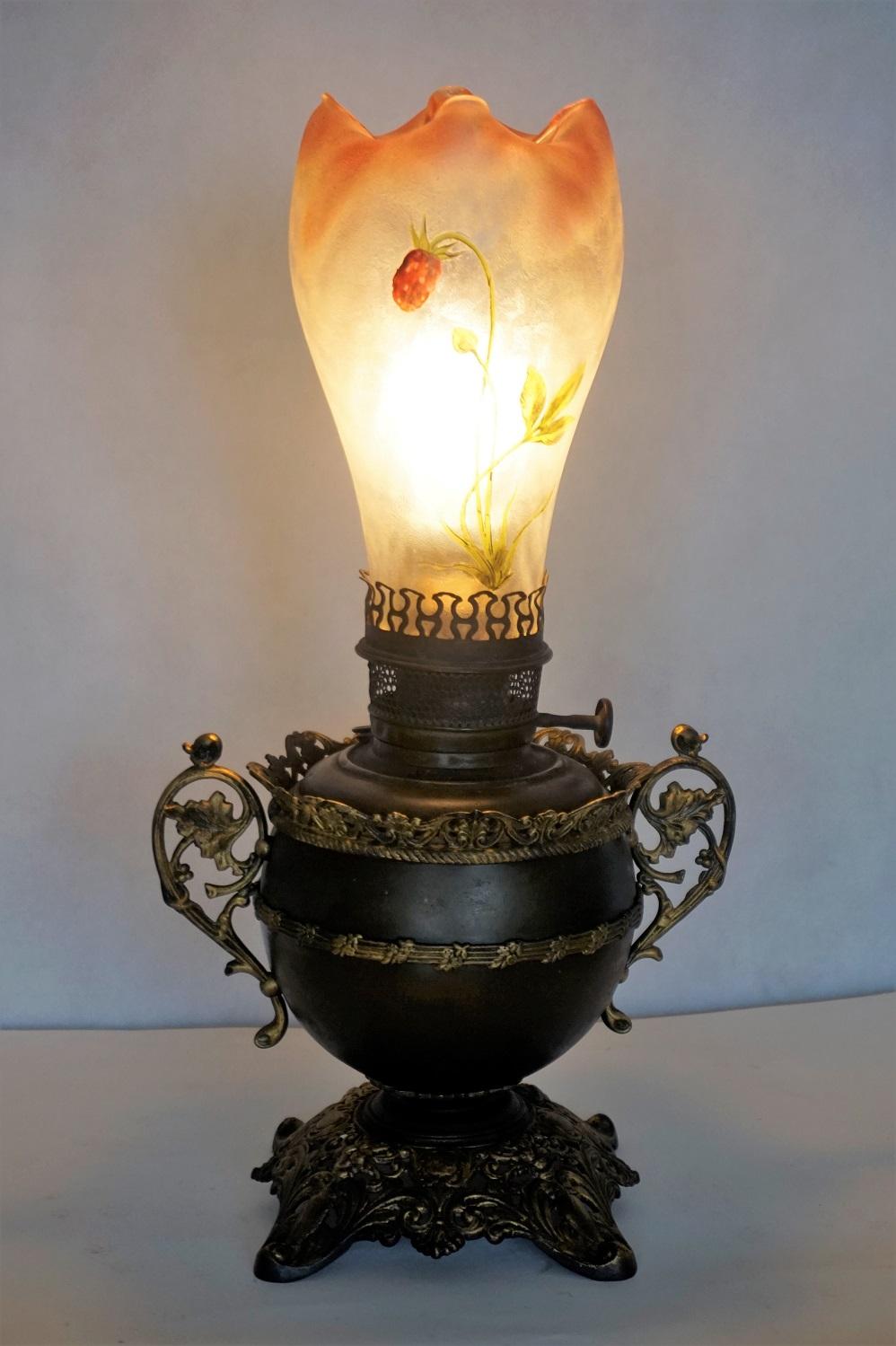 Iron Bradley & Hubbard Kerosine Lamp with Hand Painted Hurricane Glass, Electrified For Sale
