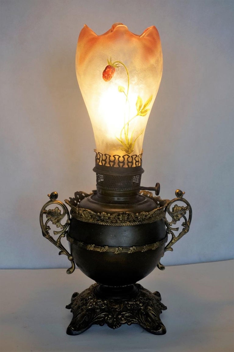 Bradley & Hubbard Kerosine Lamp with Hand Painted Hurricane Glass, Electrified For Sale 4